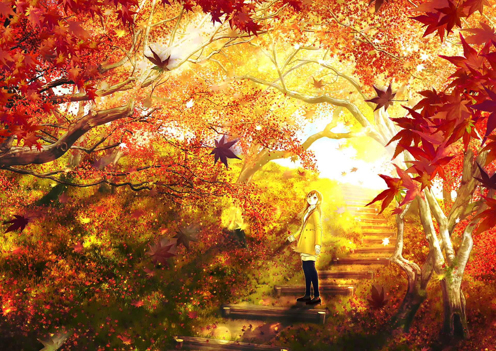 Скачать картинку Аниме, Осень, Листва, Оригинал в телефон бесплатно.
