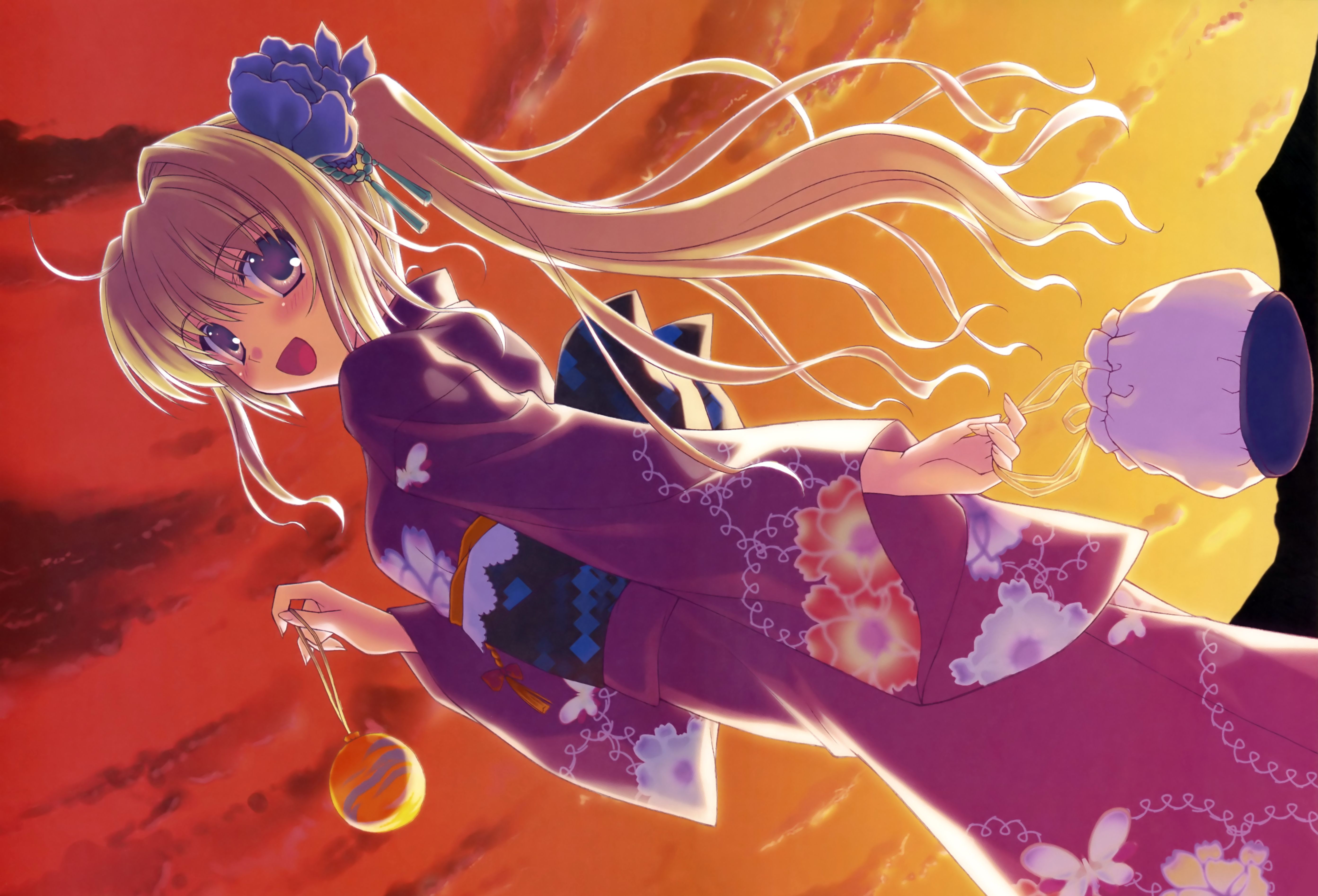 Free download wallpaper Anime, Sunset, Smile, Blonde, Kimono, Original, Yukata on your PC desktop