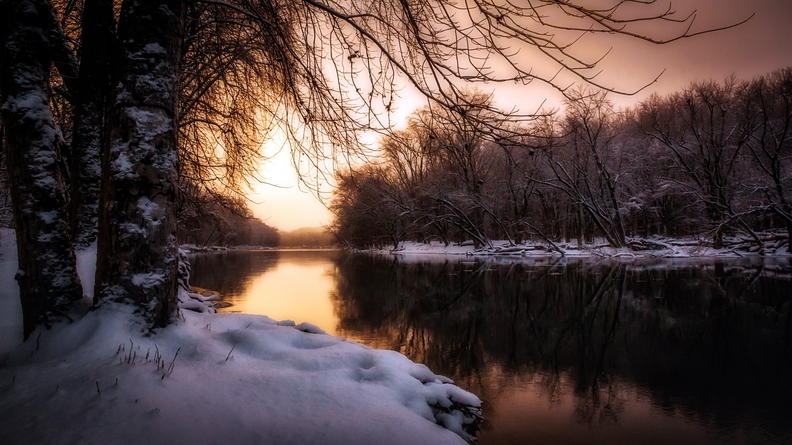 Download mobile wallpaper Winter, Nature, Snow, Reflection, Tree, Earth, River for free.