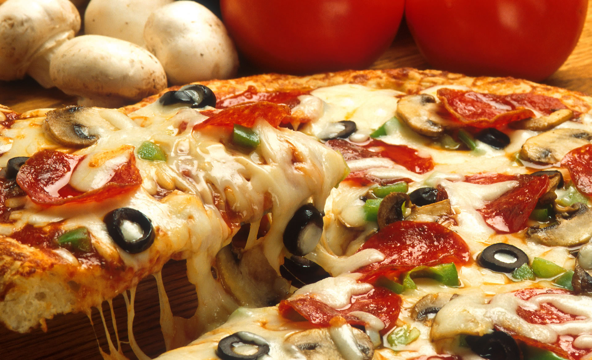 Download mobile wallpaper Food, Pizza, Cheese, Mushroom, Tomato for free.