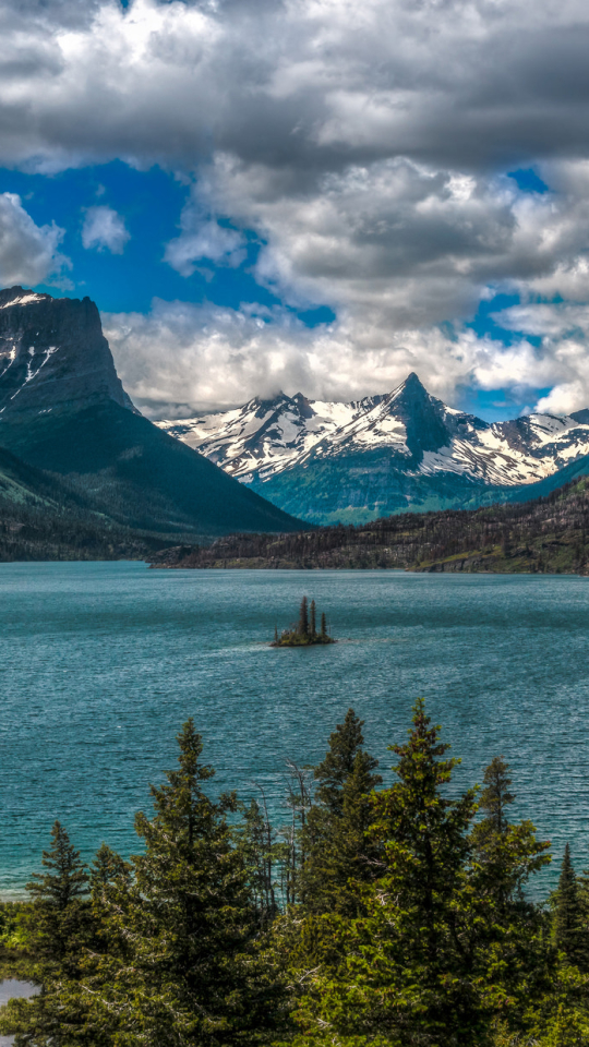 Download mobile wallpaper Nature, Lakes, Mountain, Lake, Earth, Island, Cloud, Rocky Mountains, Montana, Glacier National Park, Saint Mary Lake for free.
