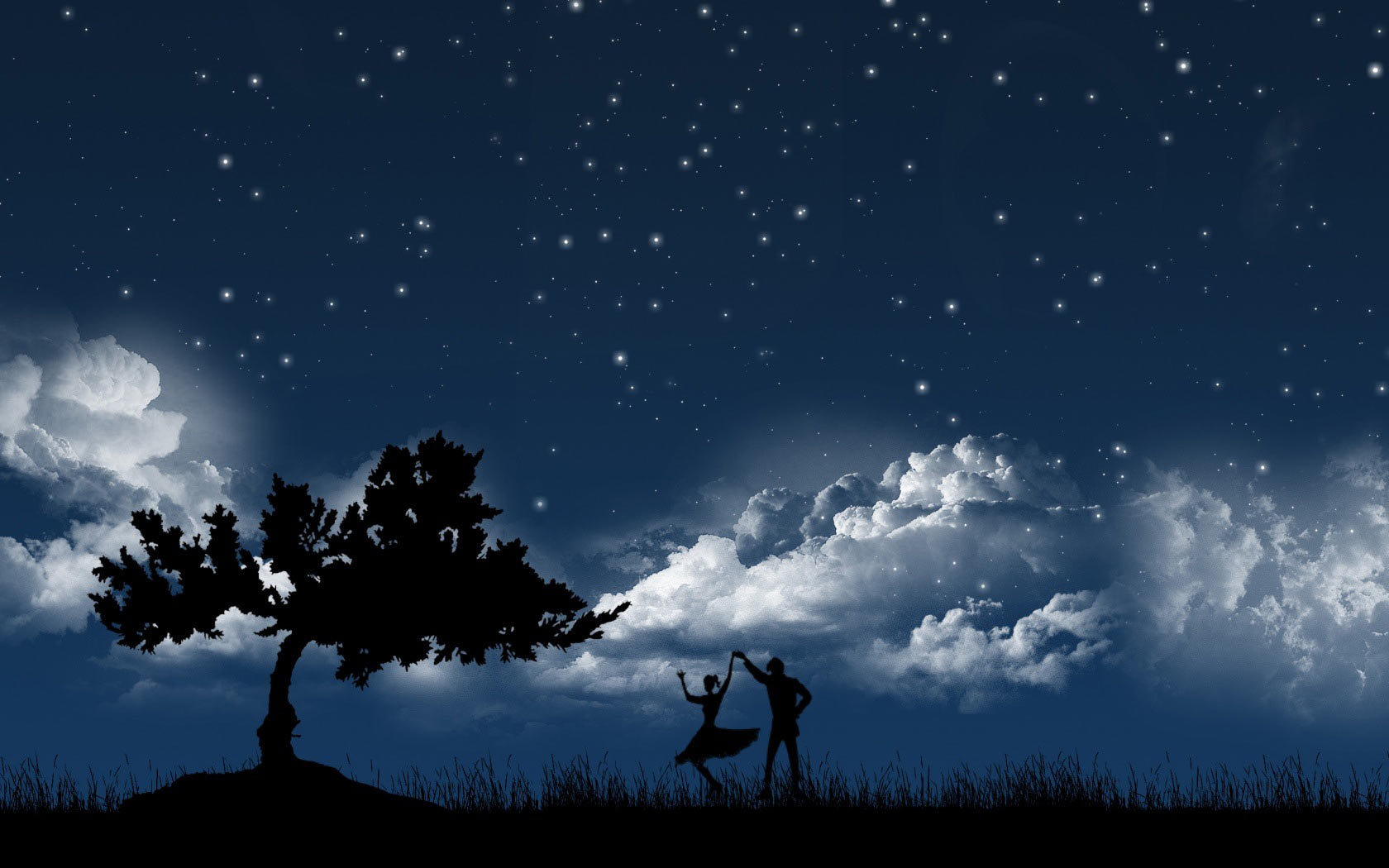 dance, people, trees, sky, stars, night, clouds, pictures, blue Phone Background