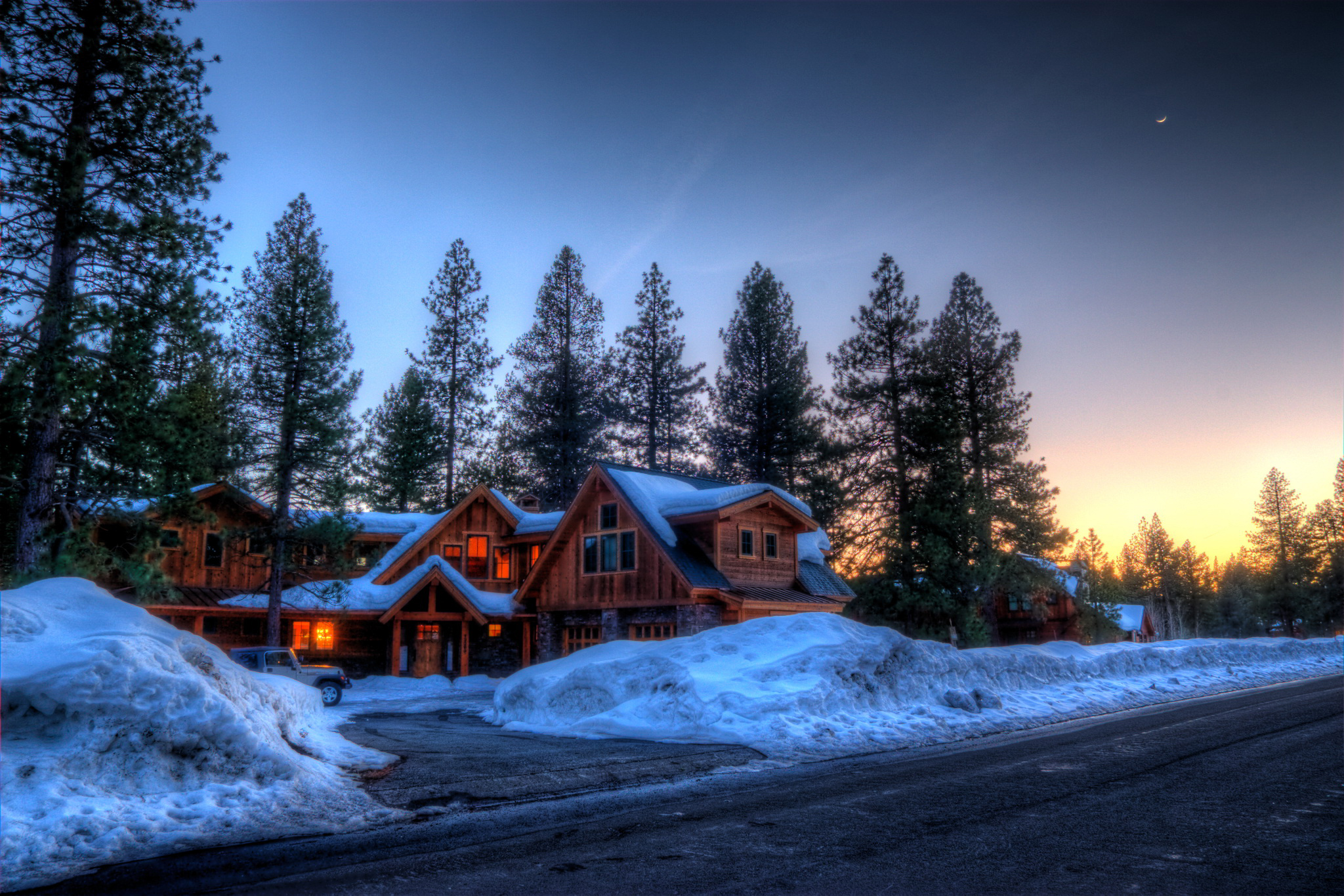 Download mobile wallpaper Winter, Snow, House, Street, Cabin, Man Made for free.