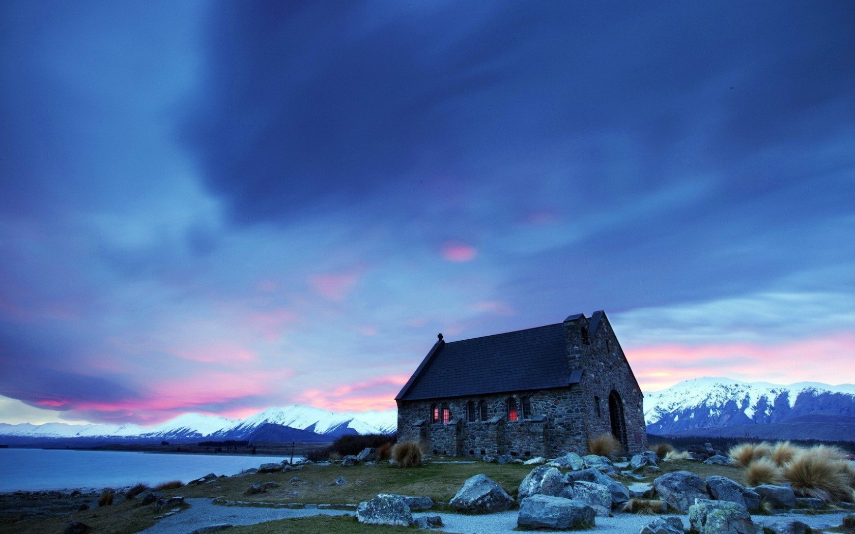 Free download wallpaper Winter, Sunset, Sky, Building, Stone, Chapel, Religious on your PC desktop