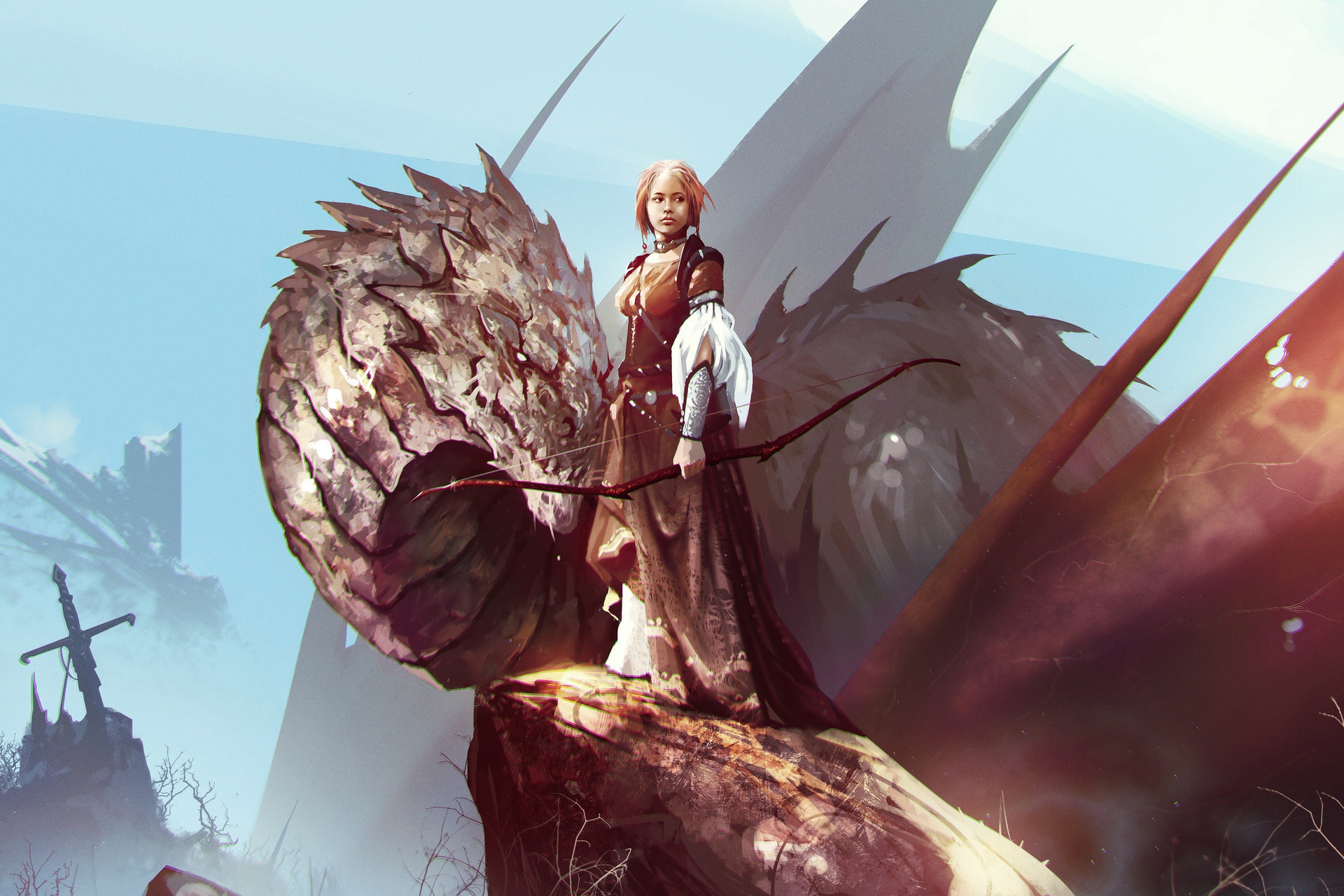 Download mobile wallpaper Fantasy, Dragon, Bow, Archer, Woman Warrior for free.