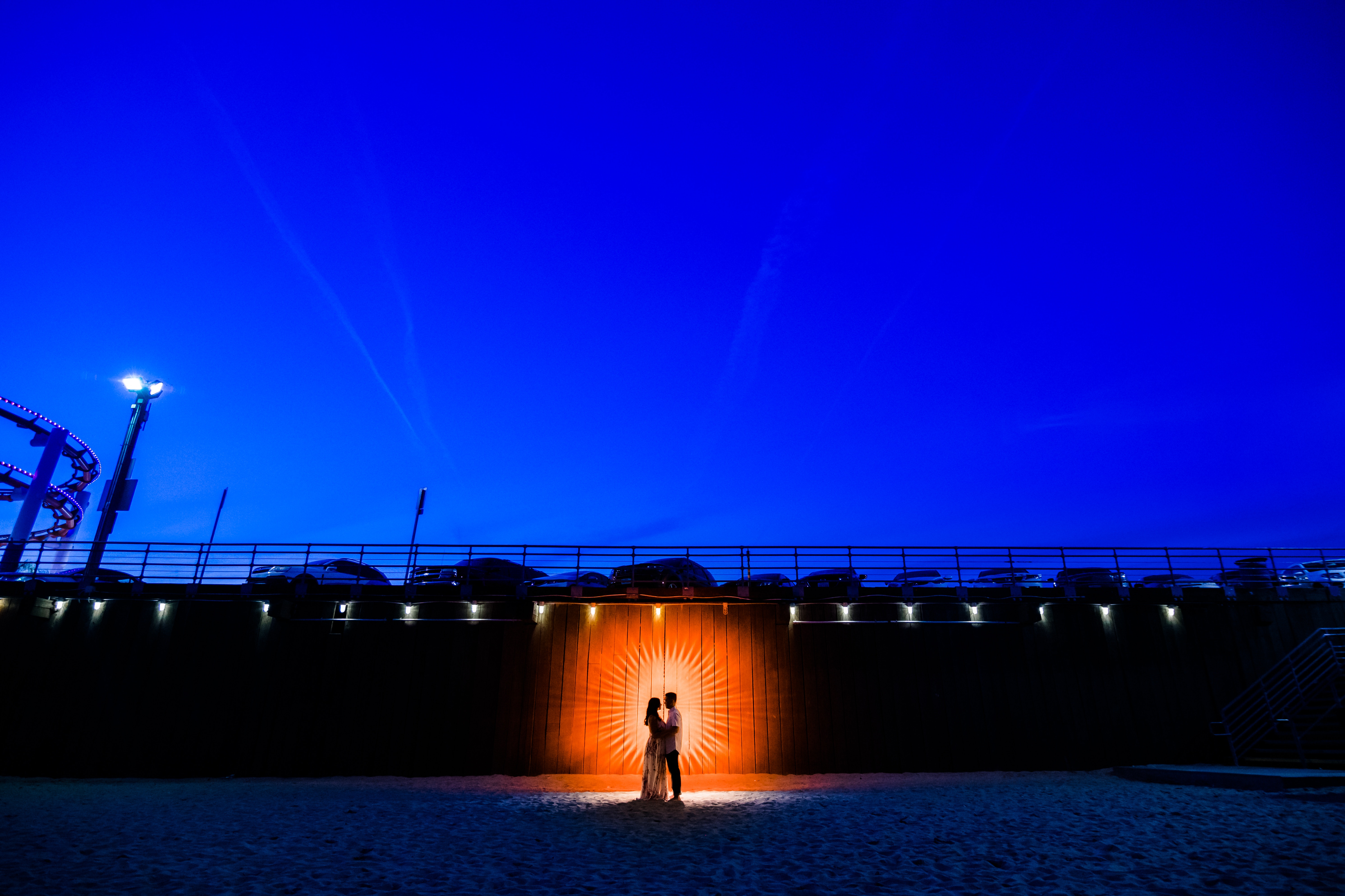 Download mobile wallpaper Shine, Light, Night, Silhouettes, Pair, Beach, Couple, Love for free.