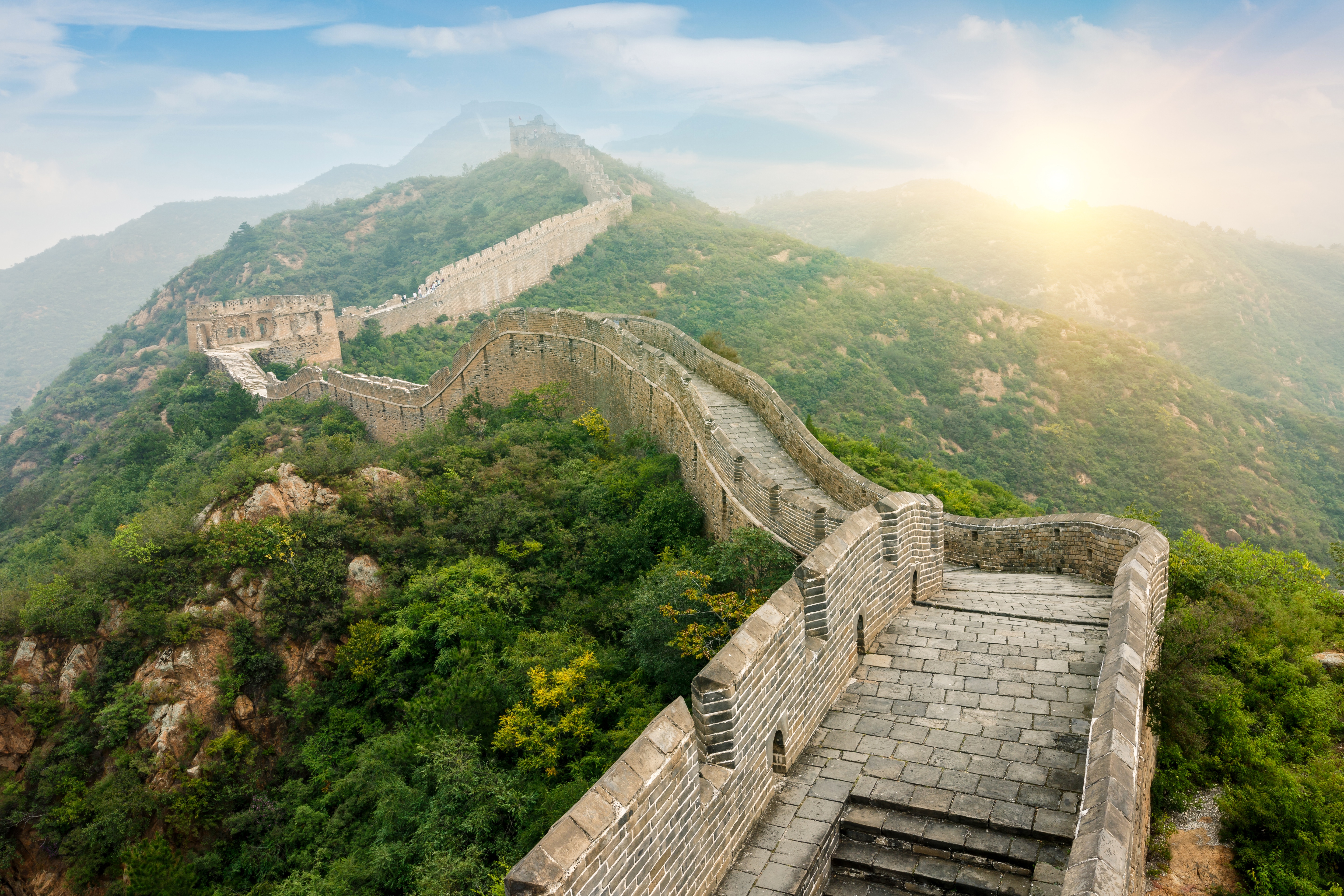 Laden Sie das Landschaft, Chinesische Mauer, Sonnenaufgang, China, Monumente, Menschengemacht-Bild kostenlos auf Ihren PC-Desktop herunter