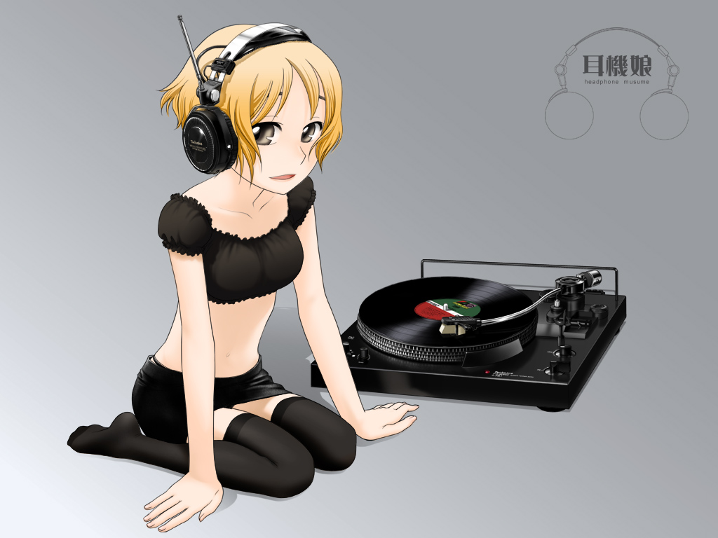 anime, headphones, music, record player