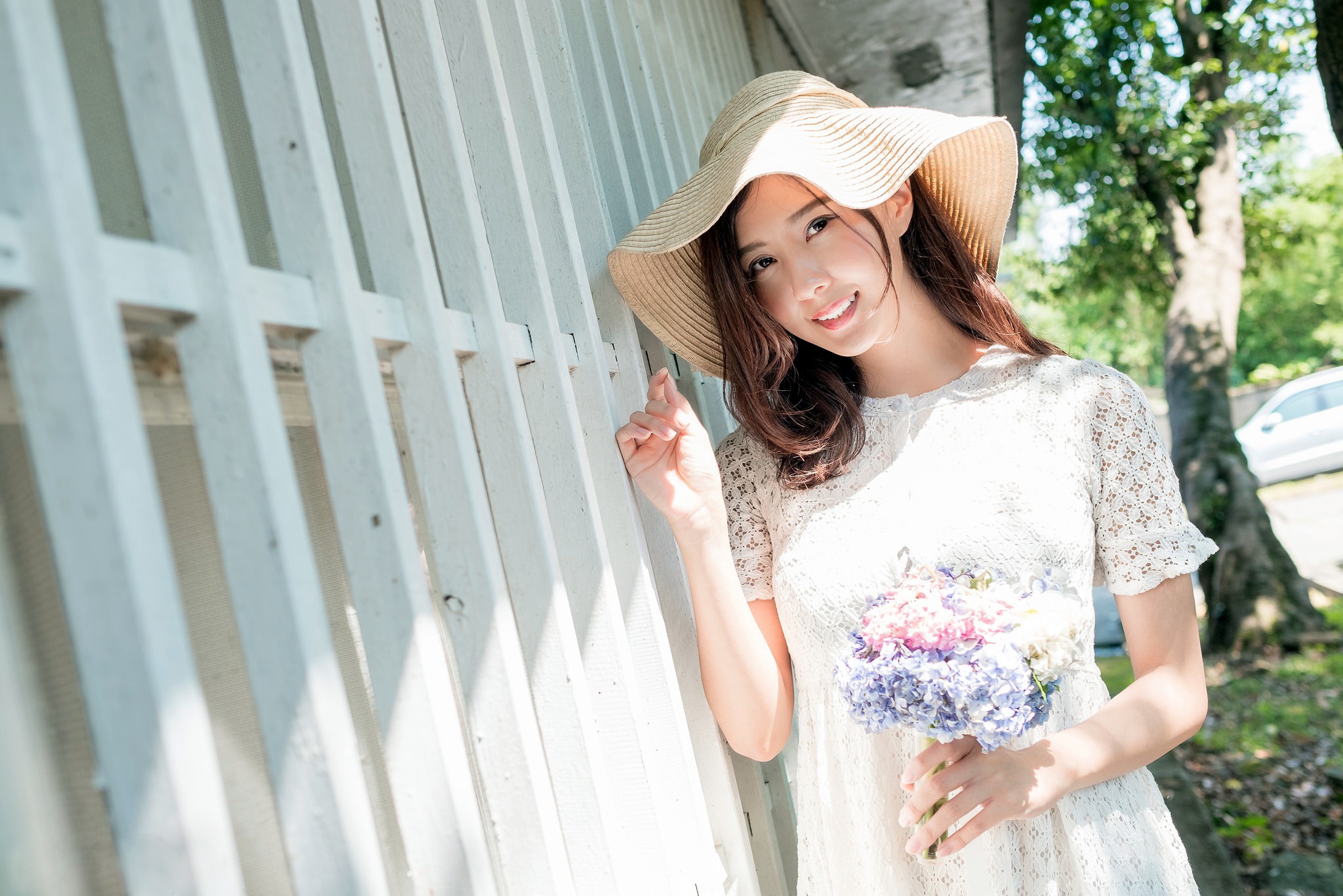 Download mobile wallpaper Smile, Hat, Brunette, Model, Women, Asian, White Dress for free.