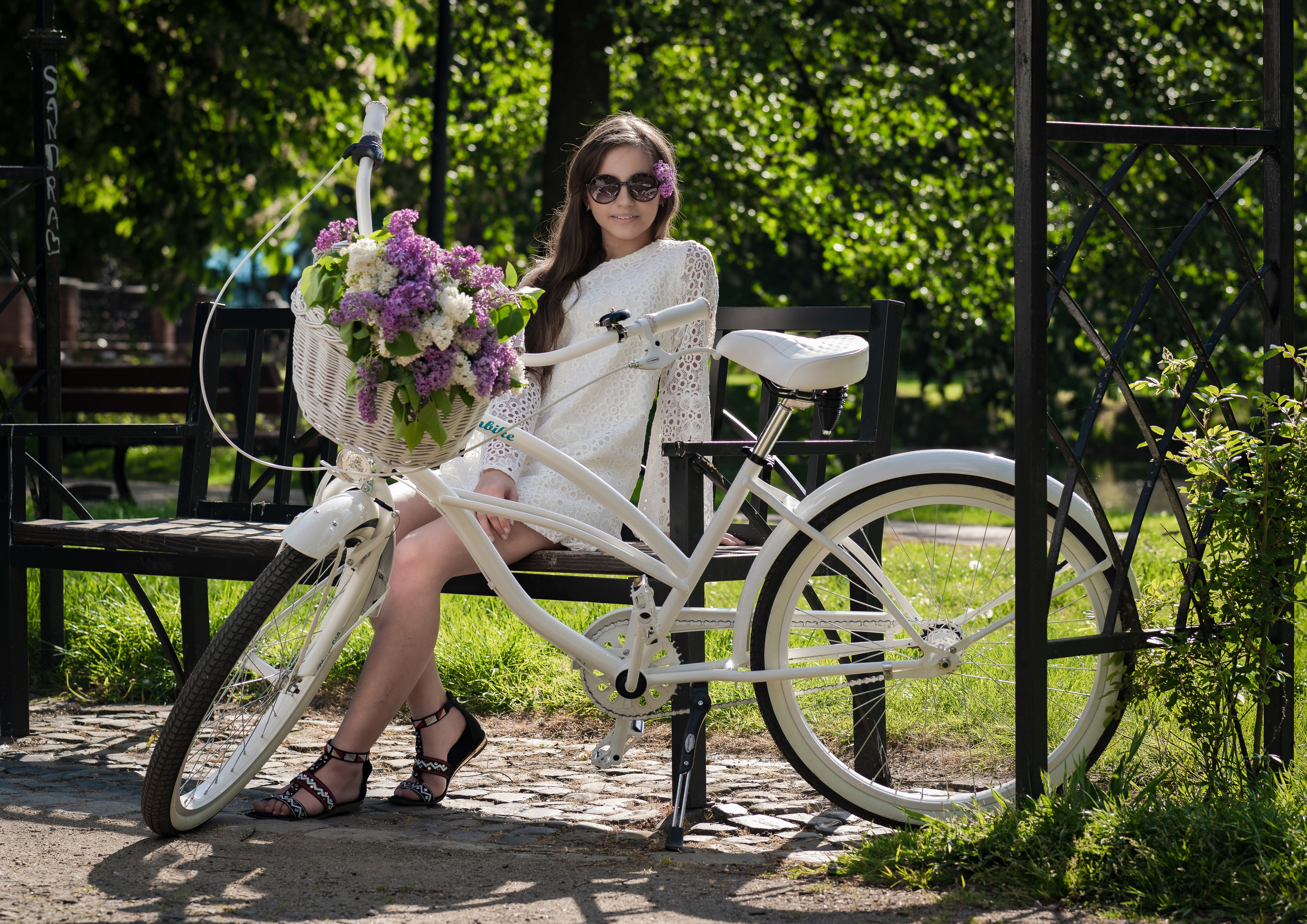 Download mobile wallpaper Bicycle, Brunette, Sunglasses, Model, Women, White Dress for free.