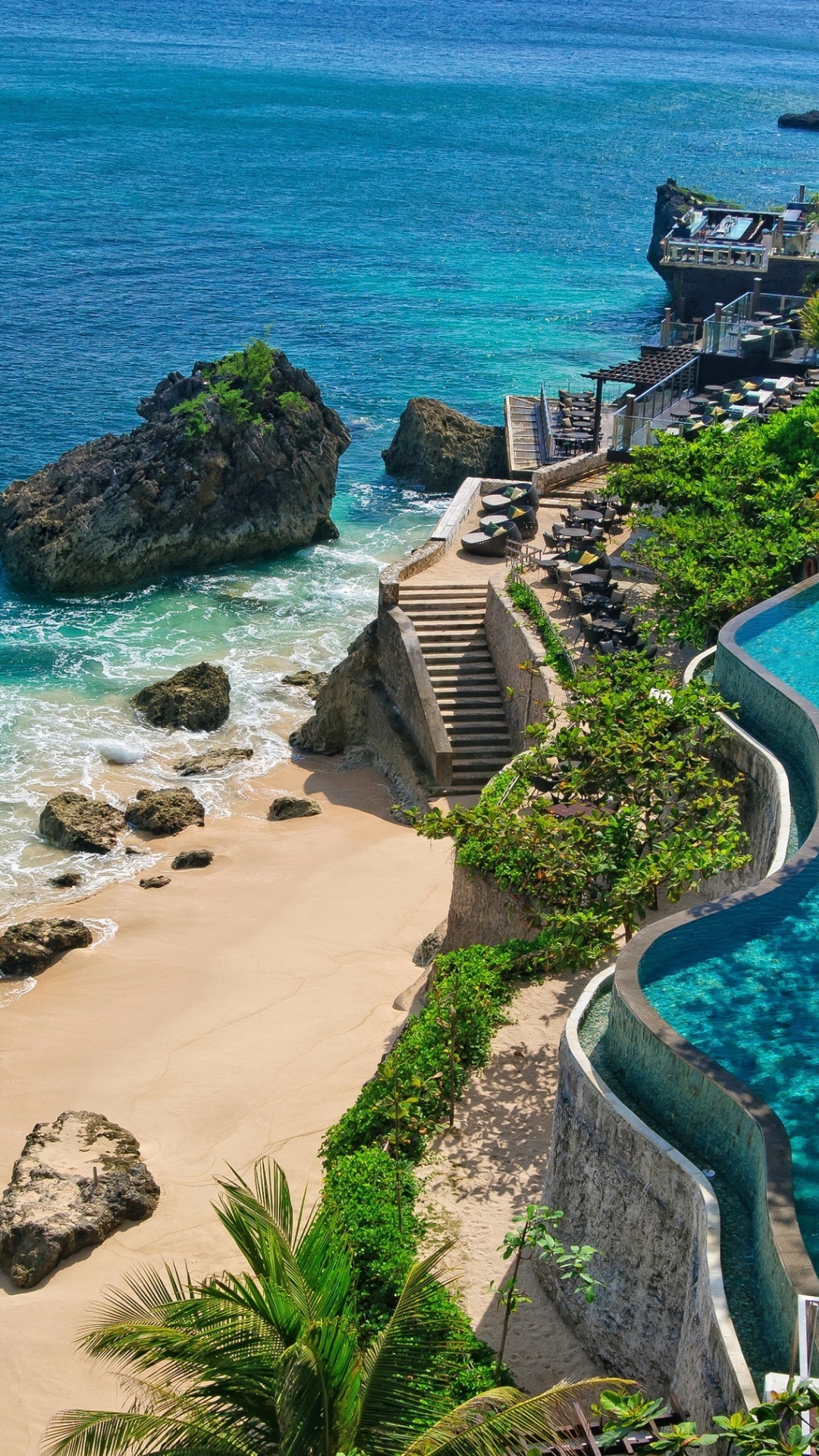 Handy-Wallpaper Strand, Ozean, Bali, Tropisch, Indonesien, Schwimmbad, Menschengemacht, Schwimmbecken, Urlaubsort kostenlos herunterladen.