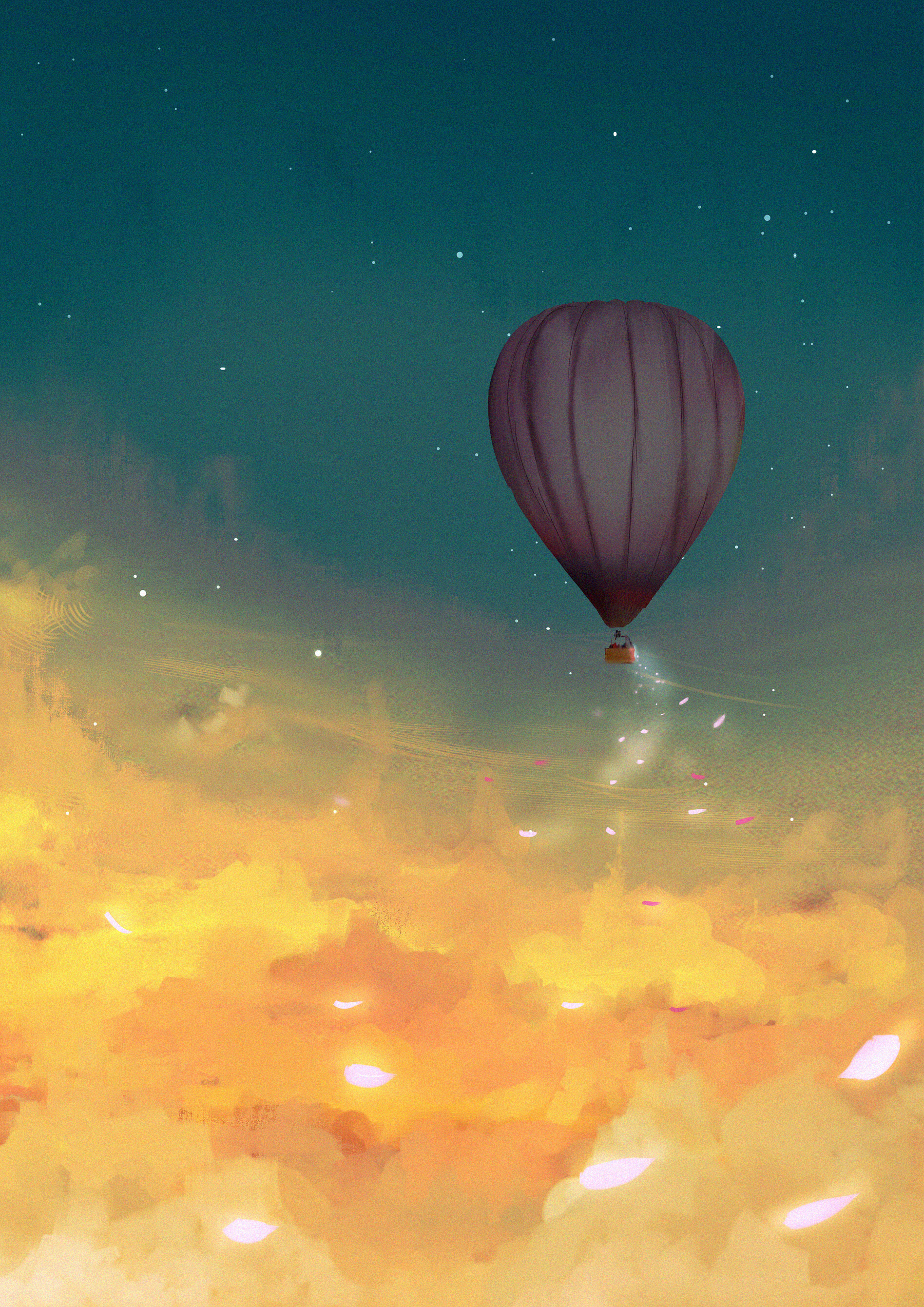 Download mobile wallpaper Clouds, Balloon, Leaves, Glow, Art for free.