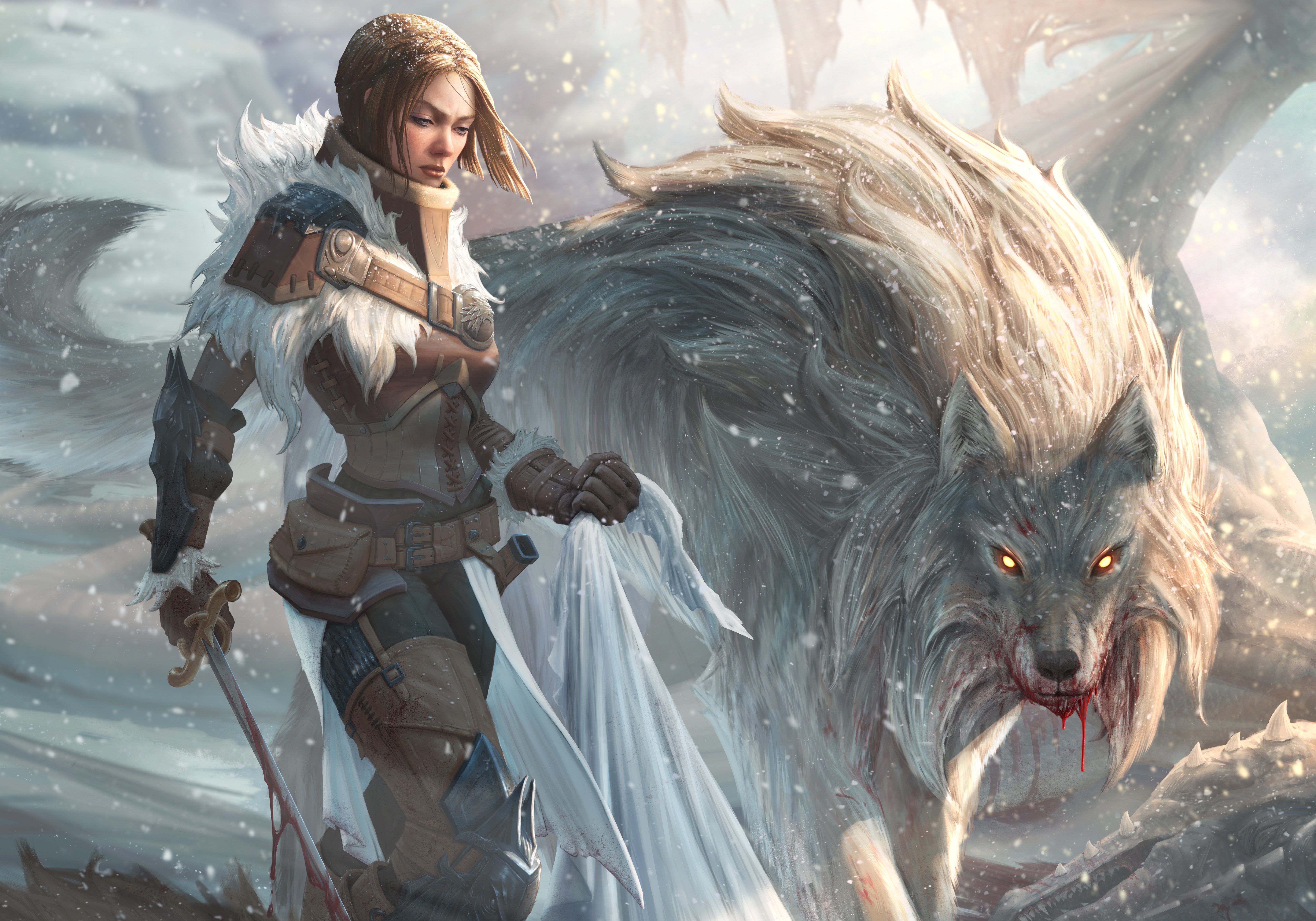 Free download wallpaper Fantasy, Blood, Wolf, Snowfall, Sword, Women Warrior, Woman Warrior on your PC desktop