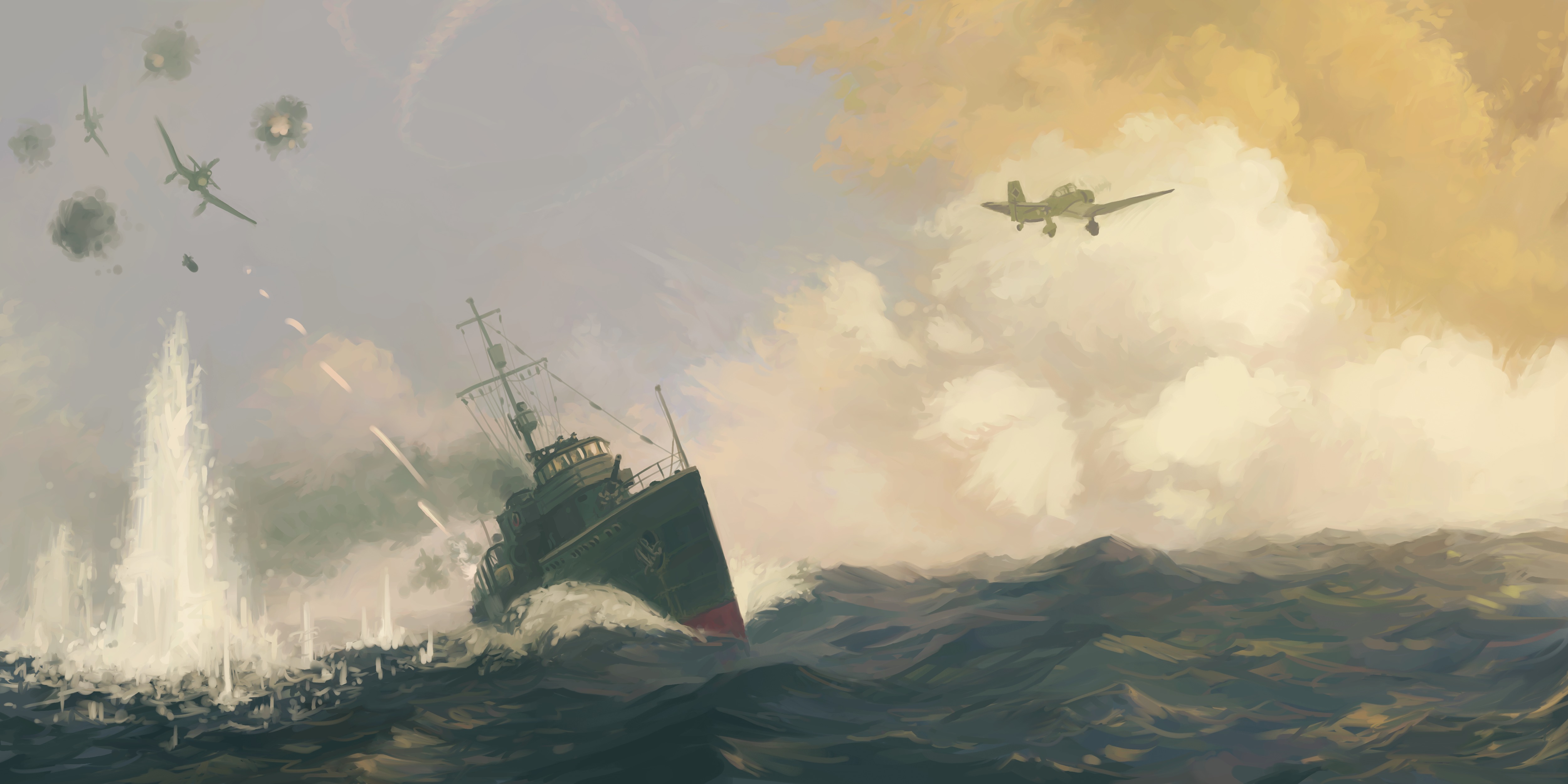 Download mobile wallpaper Ocean, Ship, Cloud, Battle, Aircraft, Military, Wars, Warplane for free.