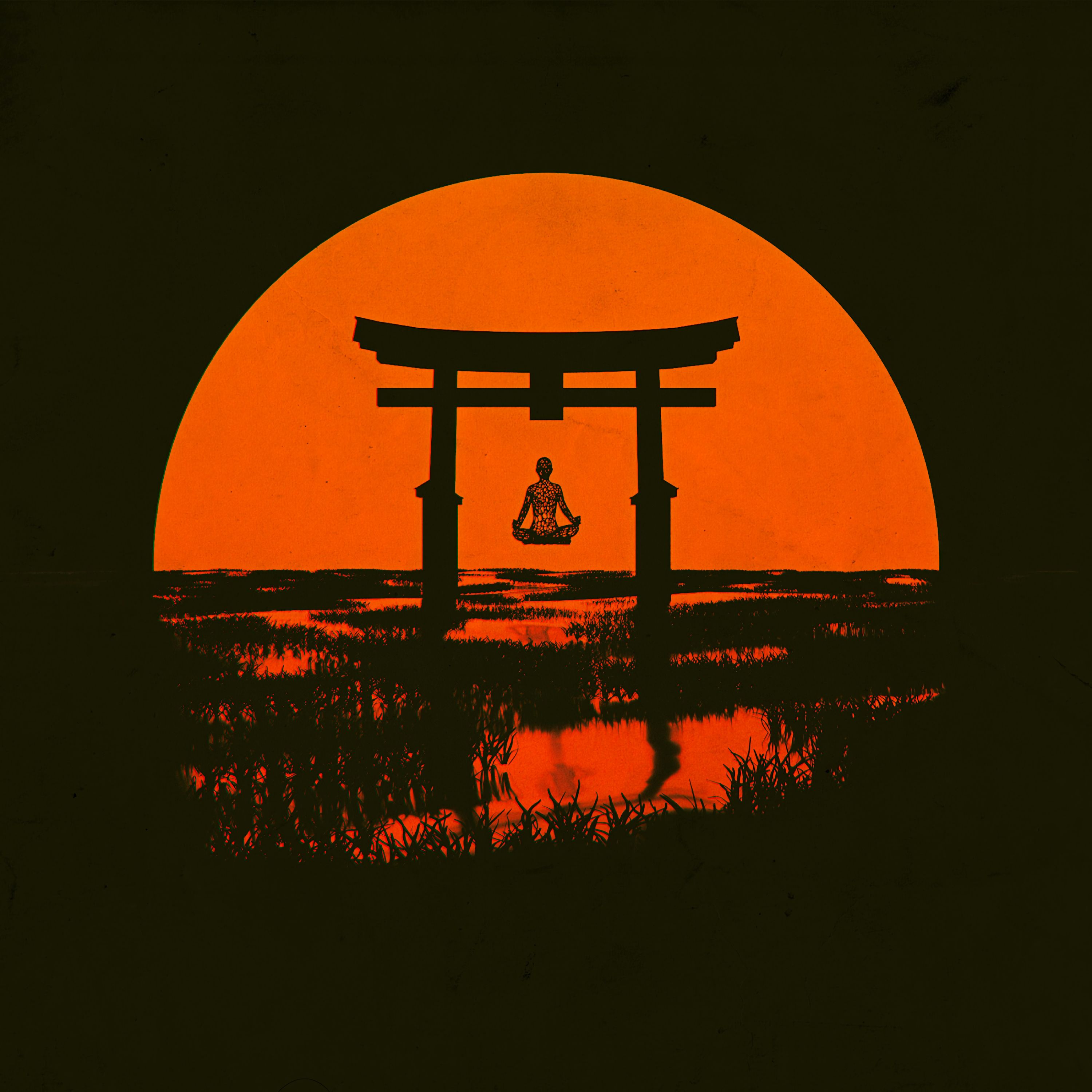 meditation, torii, vector, sun, dark, silhouette, arch