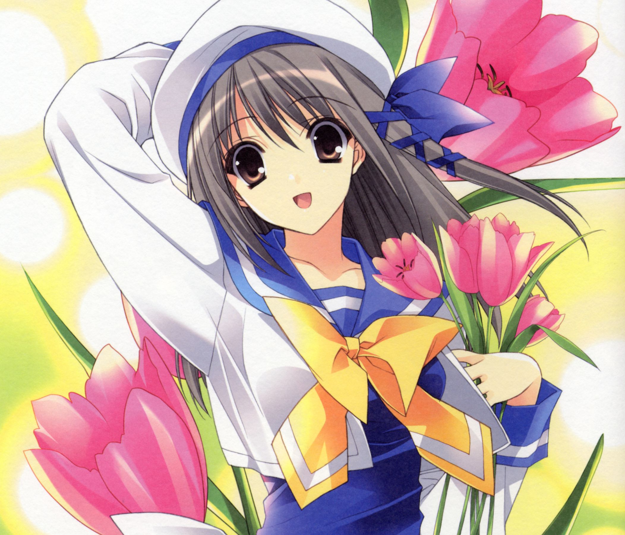 Laden Sie das Blume, Lächeln, Graue Haare, Tulpe, Hut, Original, Schleife, Braune Augen, Animes, Lange Haare-Bild kostenlos auf Ihren PC-Desktop herunter