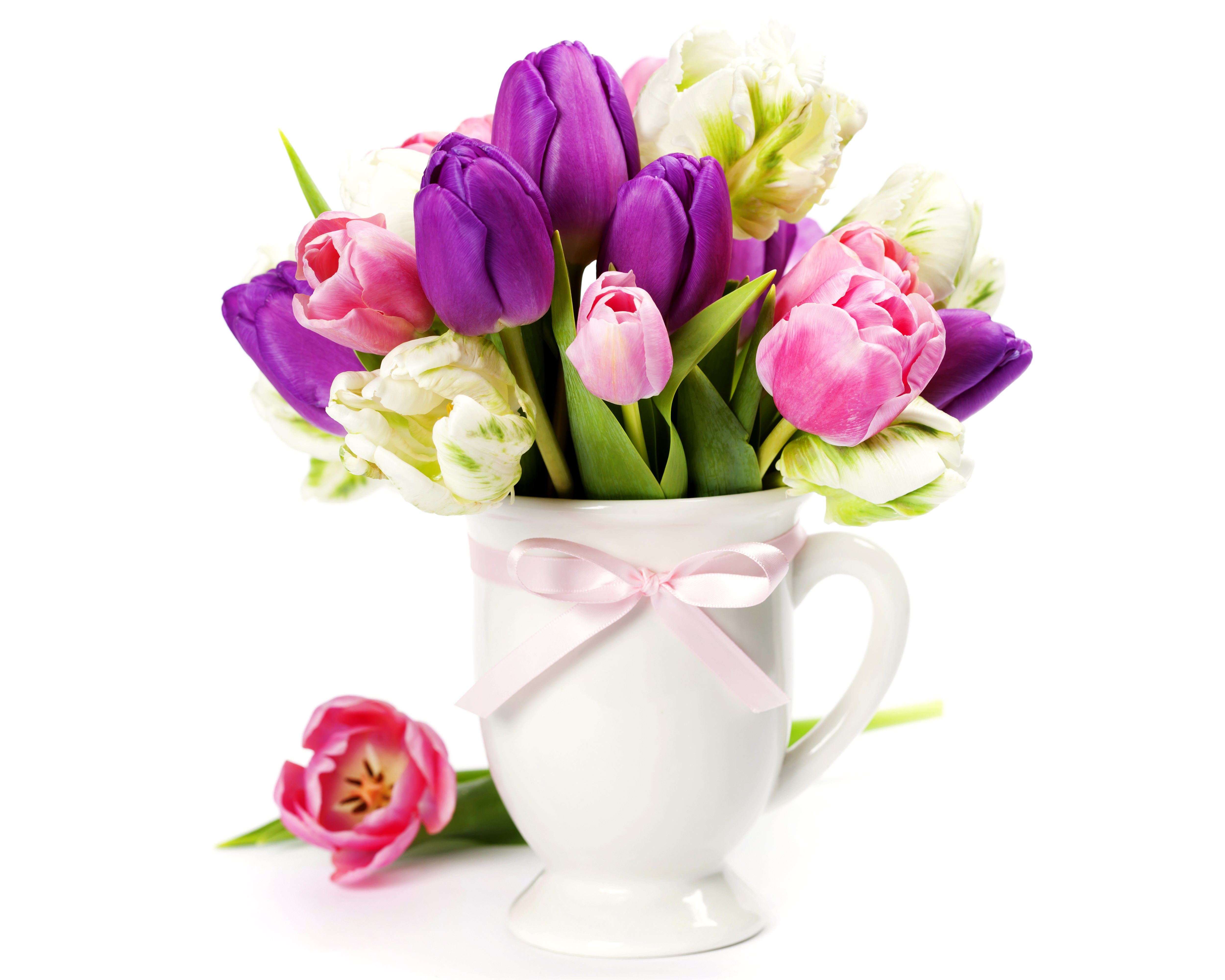 Скачать обои бесплатно Цветок, Ваза, Тюльпан, Фиолетовый Цветок, Сделано Человеком, Розовый Цветок картинка на рабочий стол ПК