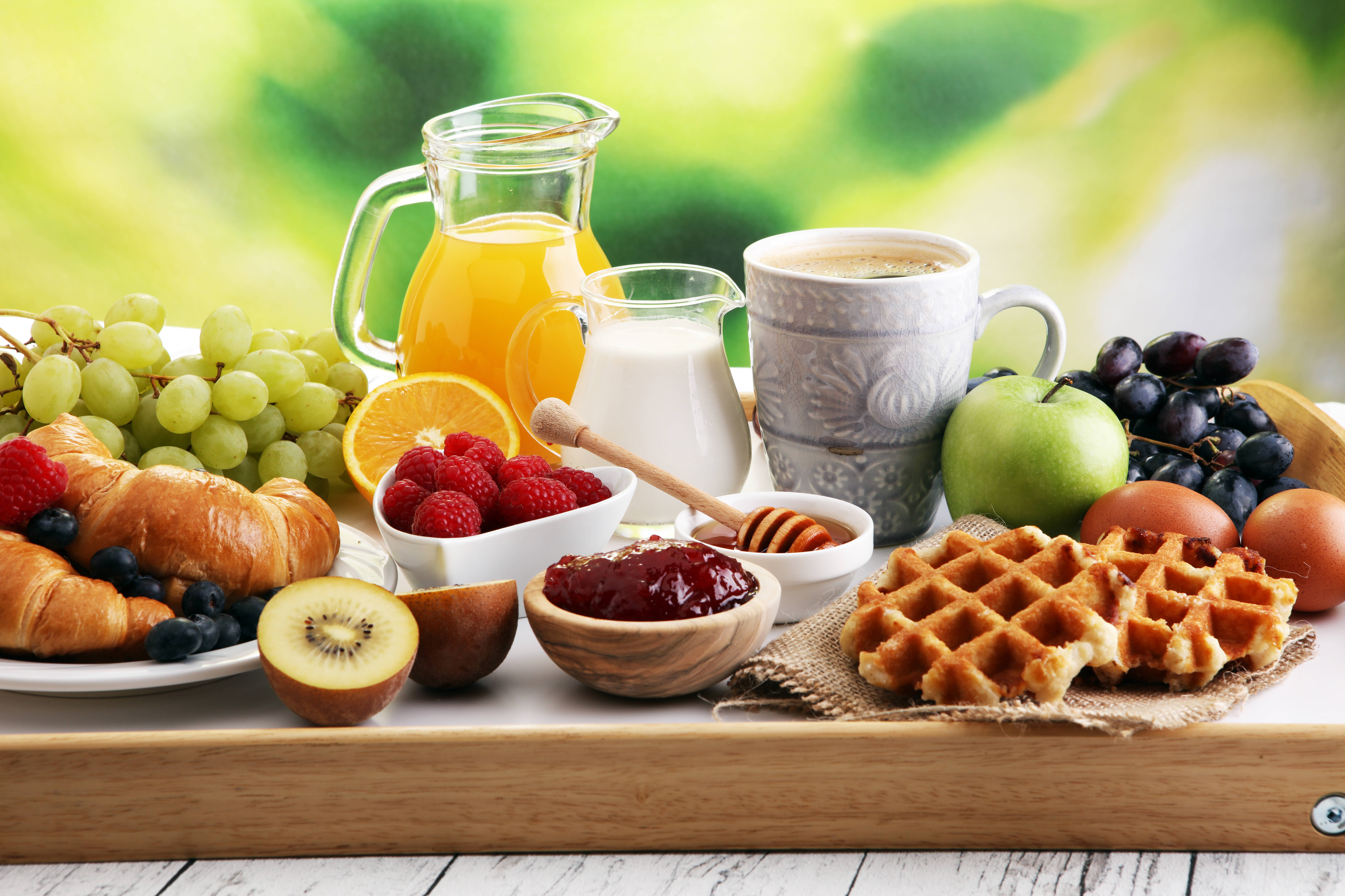 Download mobile wallpaper Food, Coffee, Still Life, Cup, Fruit, Jam, Honey, Waffle, Breakfast, Milk, Croissant, Juice for free.