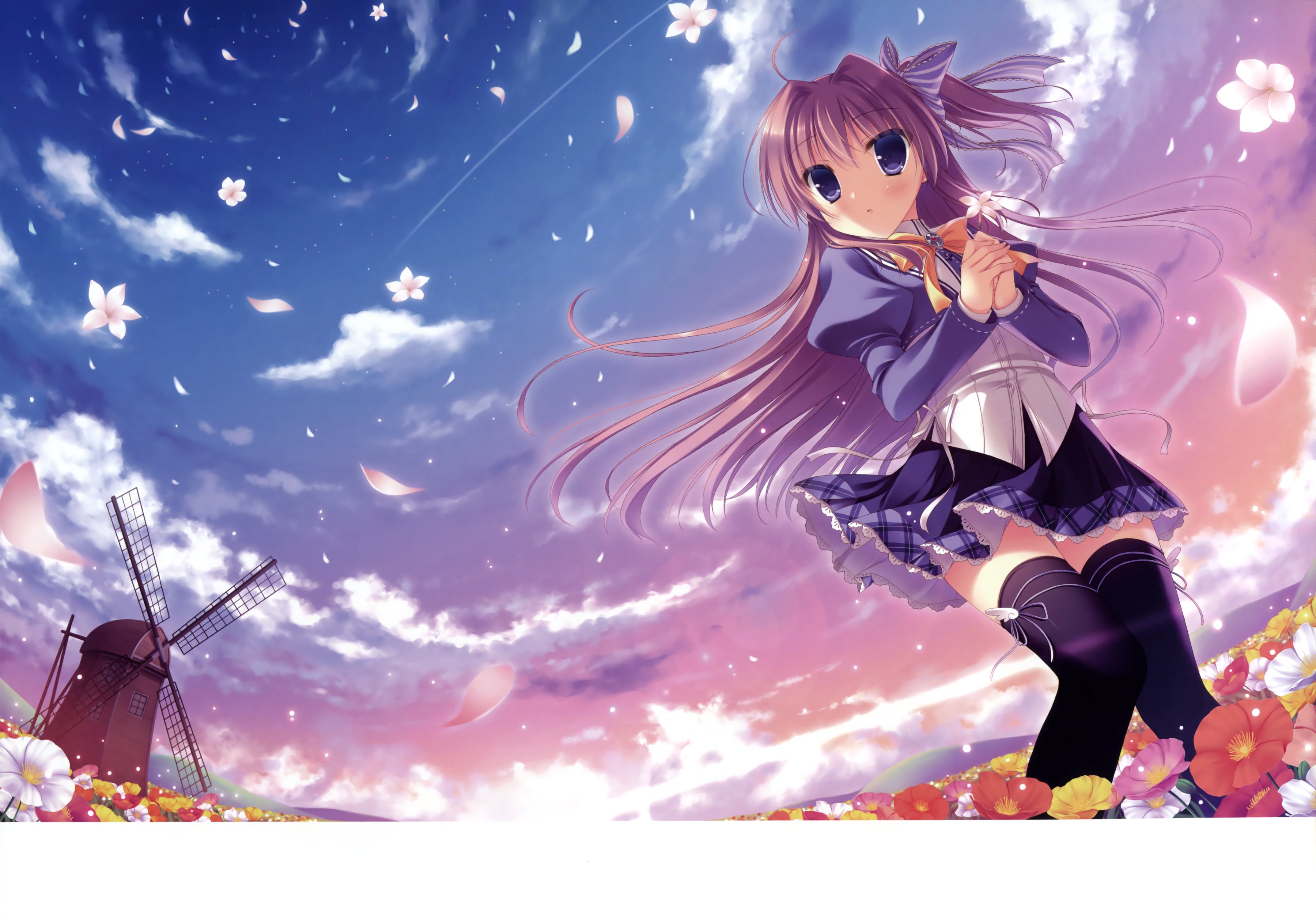 Free download wallpaper Anime, Sky, Flower, Windmill, Blue Eyes, Azuse Matsuri, Kimi E Okuru Sora No Hana on your PC desktop