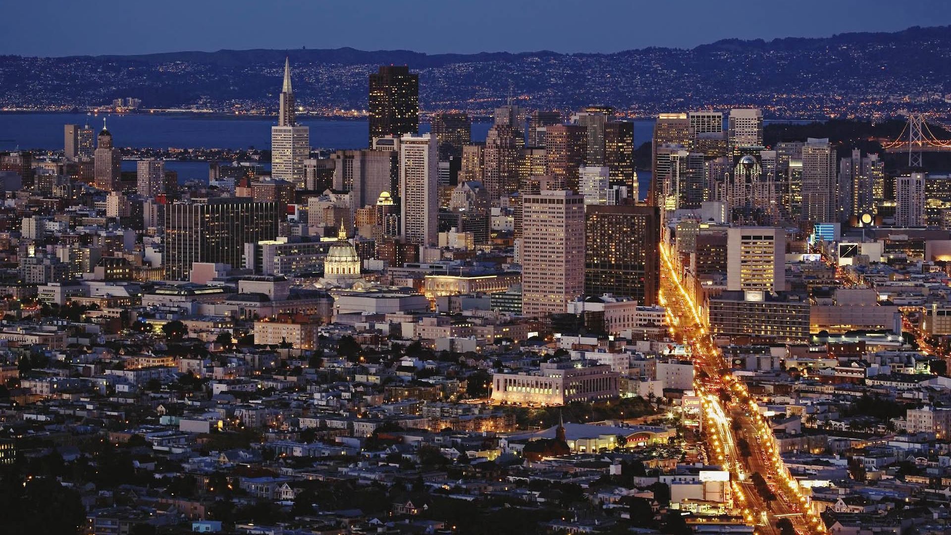 Скачать обои бесплатно Вид Сверху, Панорама, Здания, Города, Сан Франциско, Ночь картинка на рабочий стол ПК