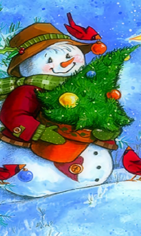 無料モバイル壁紙冬, 鳥, 雪, 雪だるま, クリスマスツリー, 芸術的をダウンロードします。