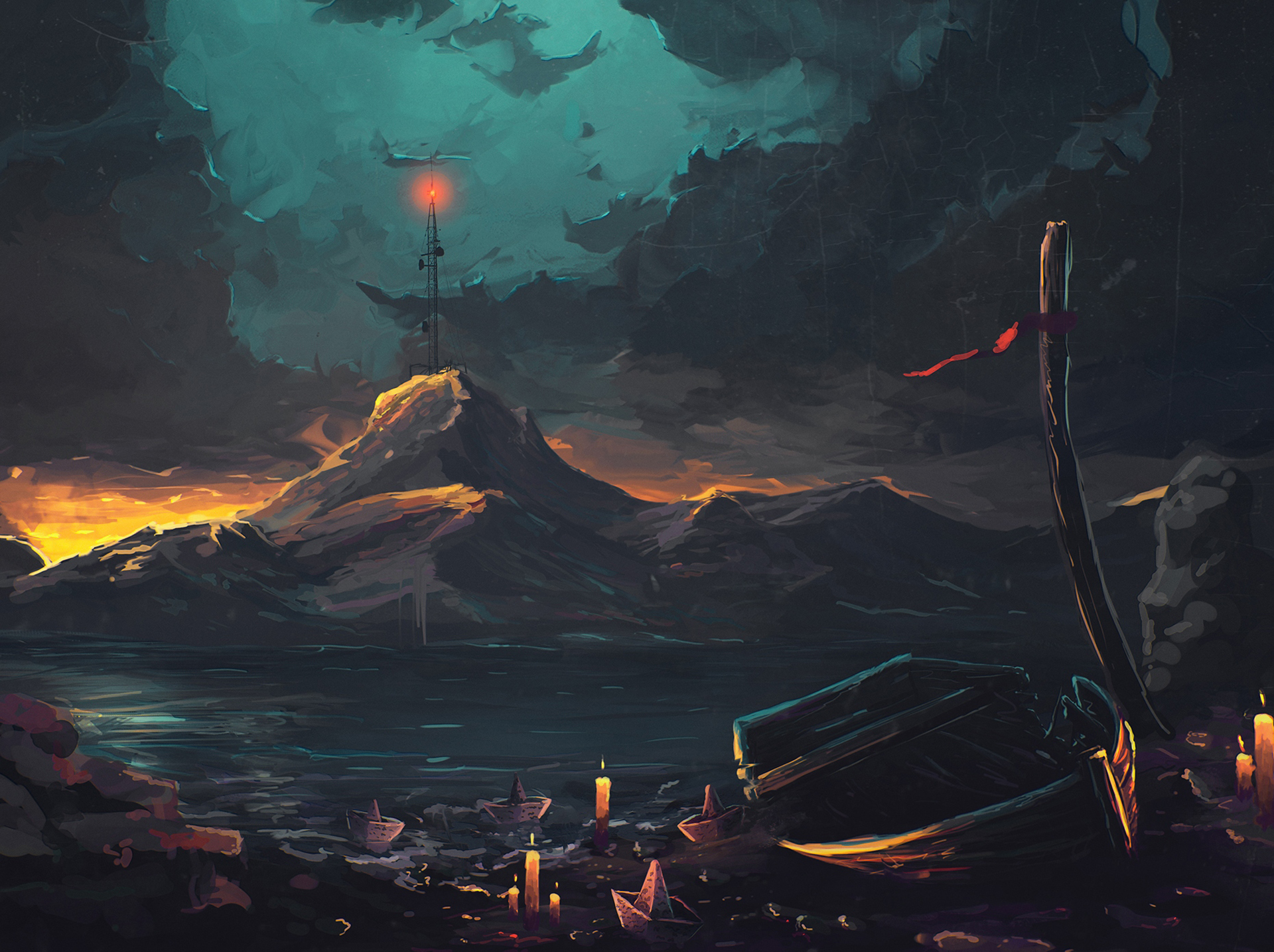 Download mobile wallpaper Landscape, Fantasy, Night, Mountain, Boat, Candle, Origami for free.