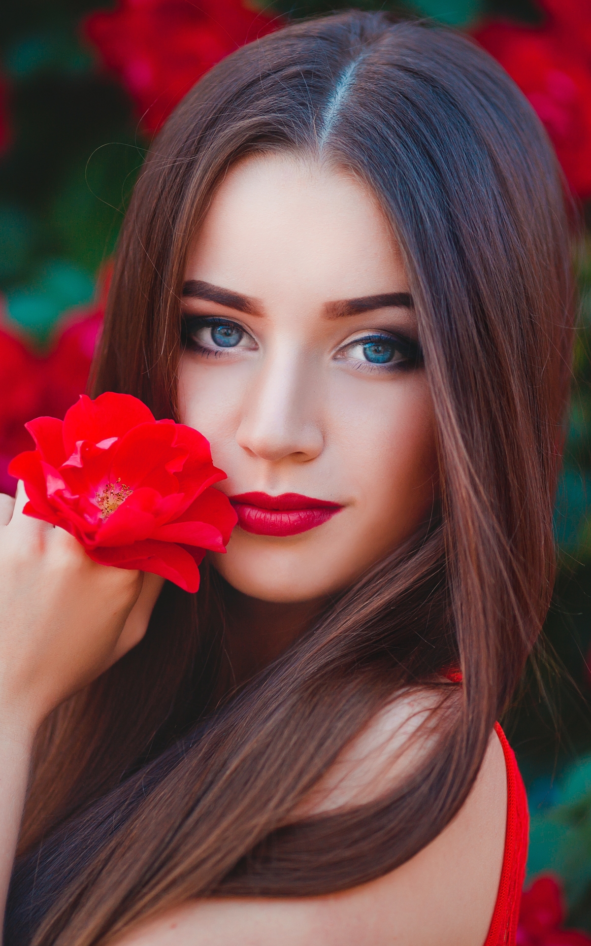 Download mobile wallpaper Brunette, Model, Women, Blue Eyes, Red Flower, Long Hair, Lipstick for free.