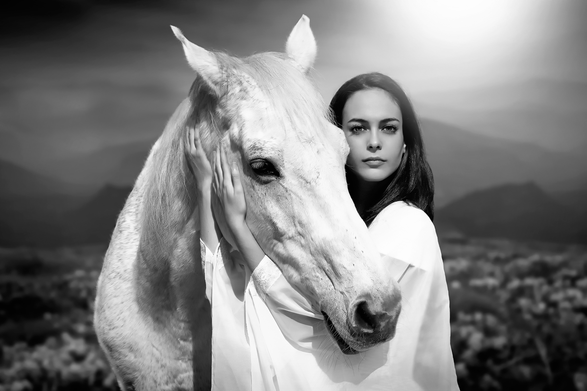 Free download wallpaper Mood, Horse, Model, Women, Black & White on your PC desktop