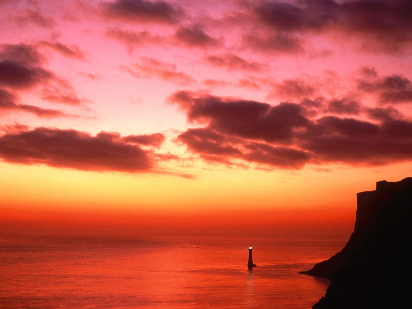 landscape, sunset, lighthouses, red