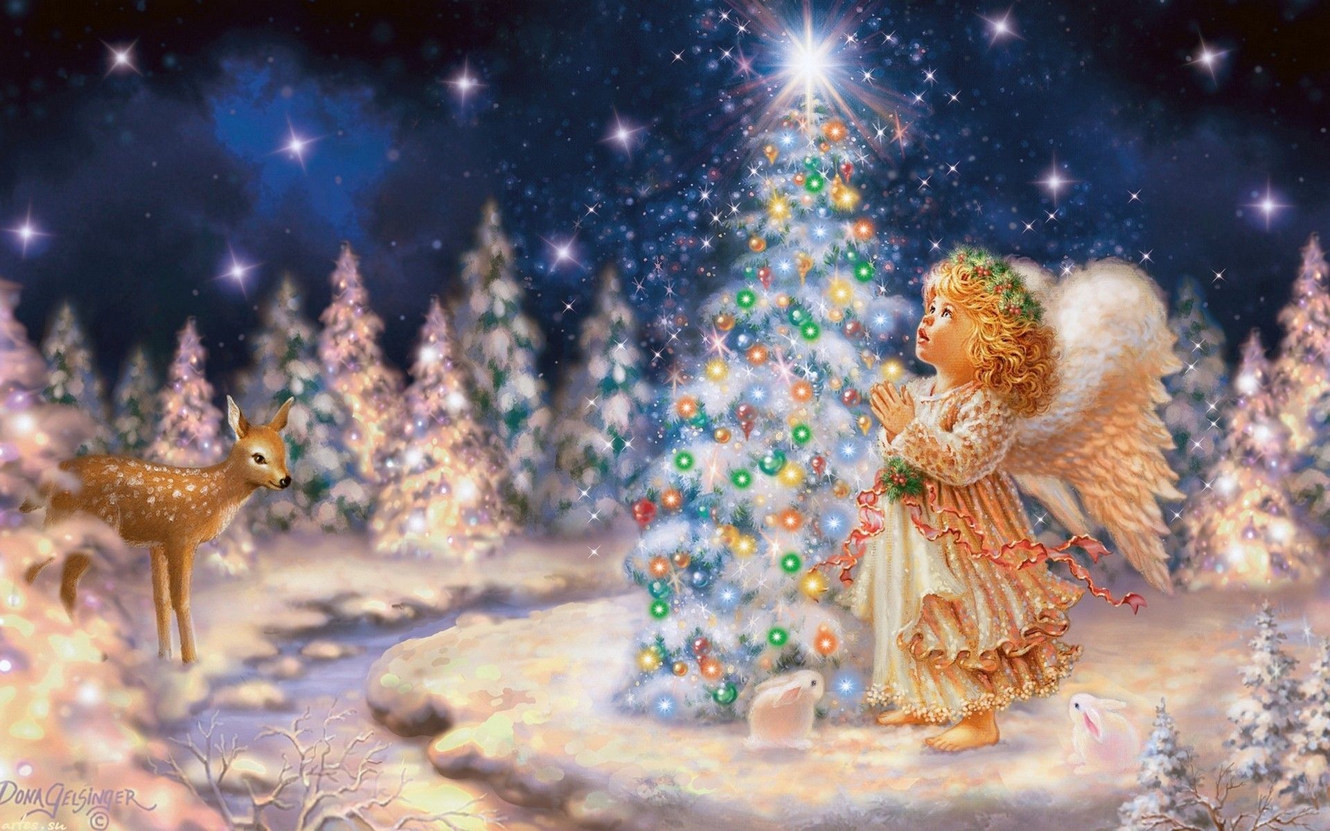 Laden Sie das Engel, Weihnachtsbaum, Malerei, Künstlerisch, Stern-Bild kostenlos auf Ihren PC-Desktop herunter