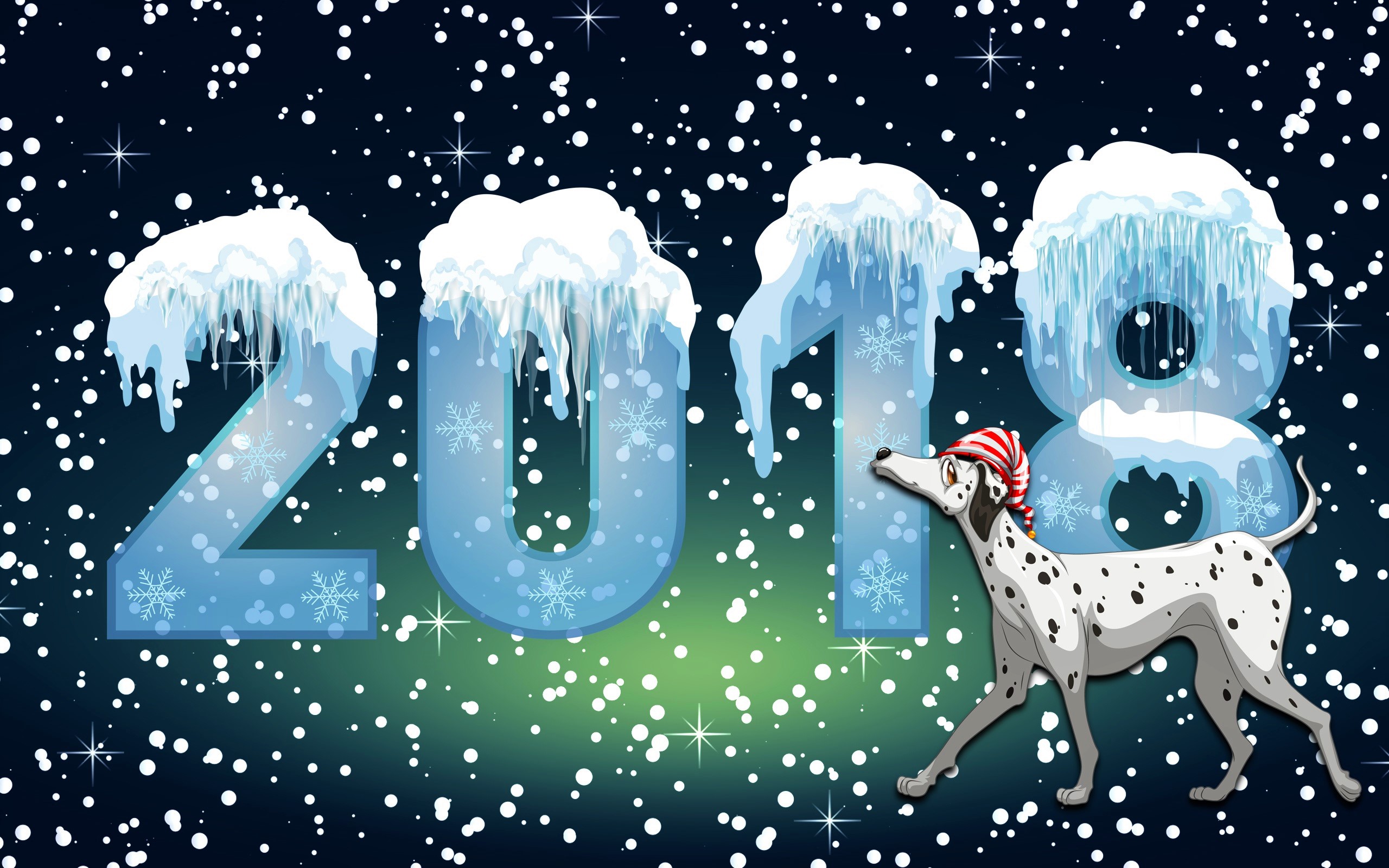 Free download wallpaper Ice, New Year, Snow, Holiday, Dalmatian, Snowfall, New Year 2018 on your PC desktop