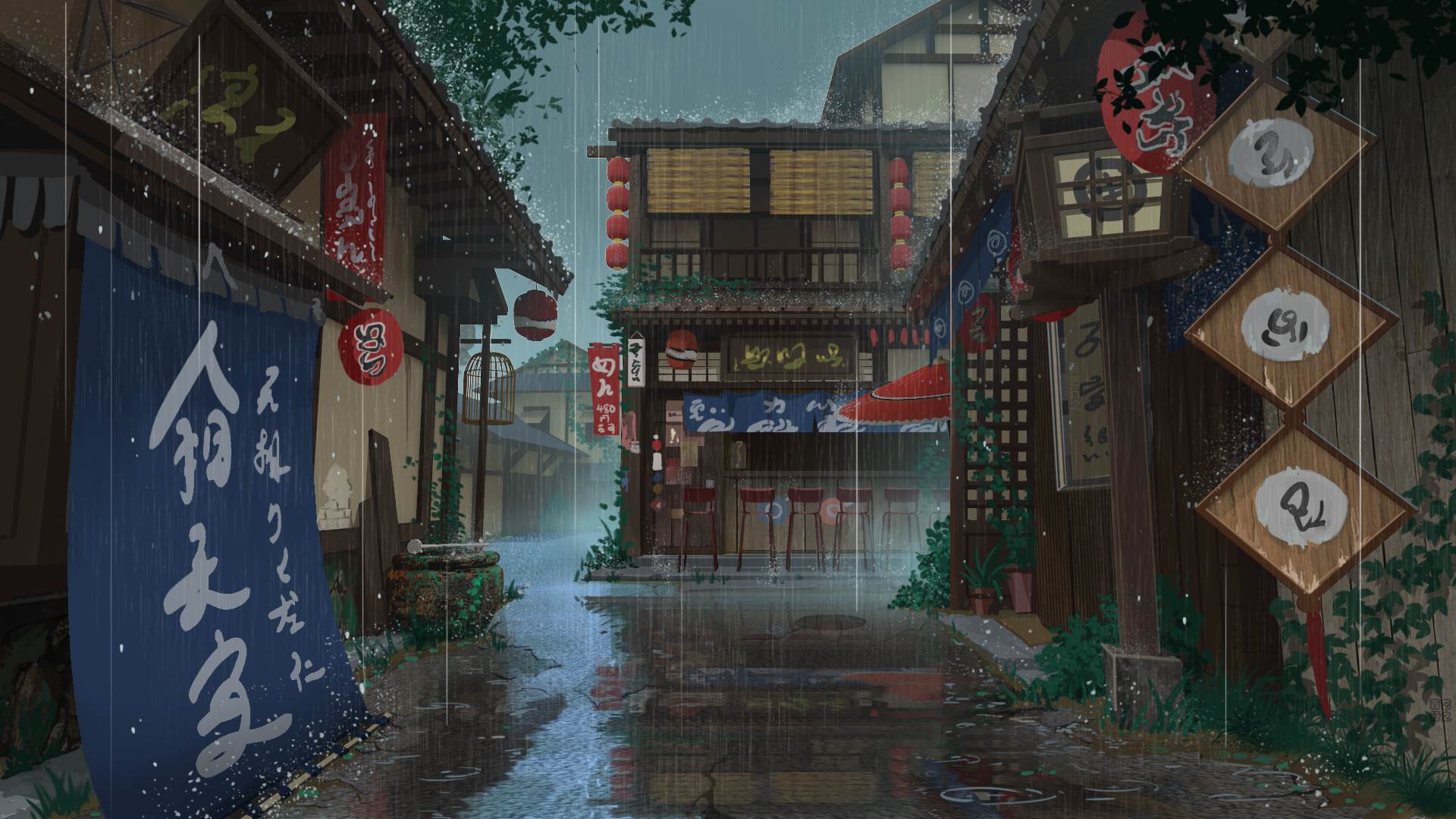 Free download wallpaper Anime, Rain, House, Street, Original on your PC desktop