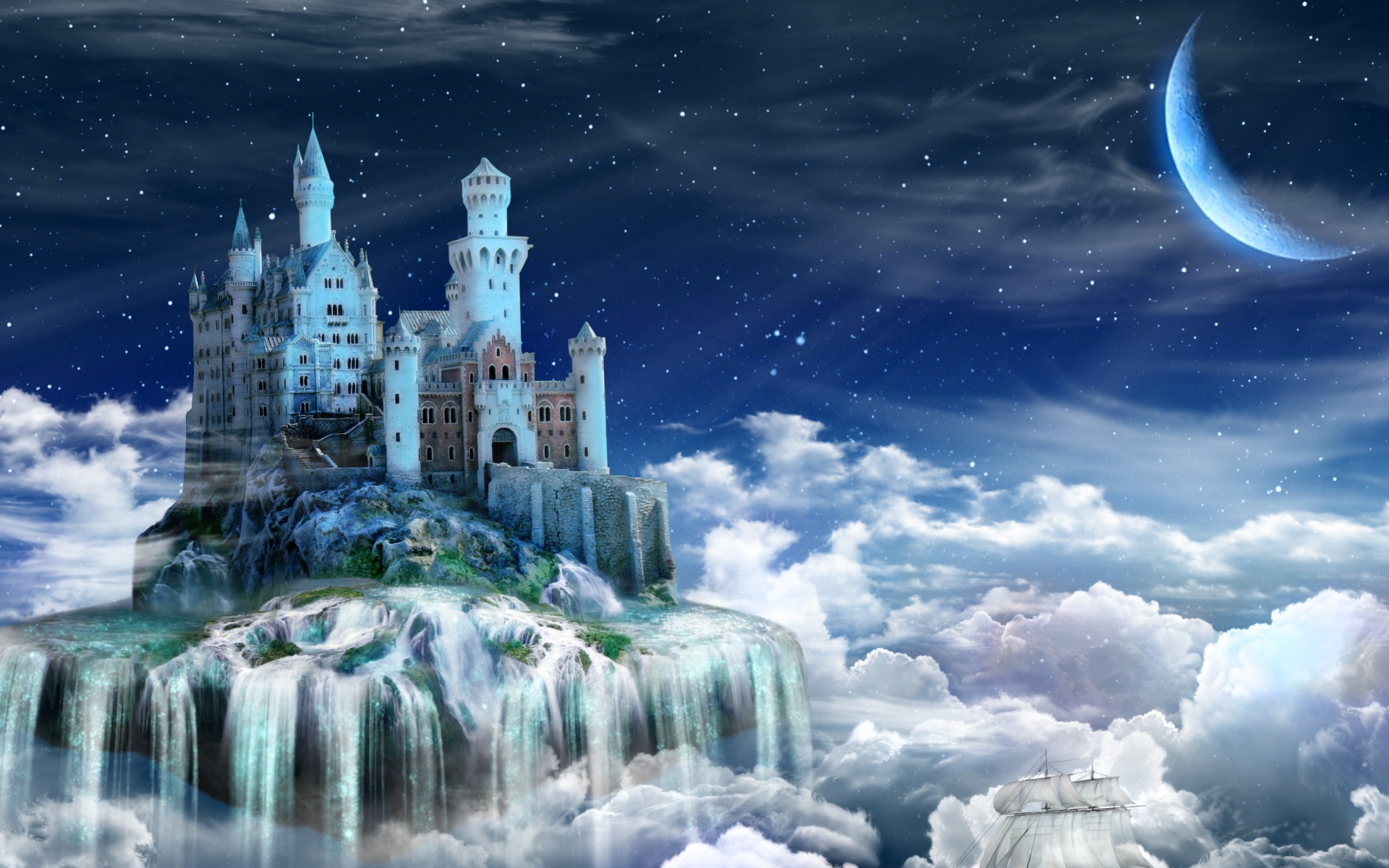 Baixar papel de parede para celular de Fantasia, Estrelas, Lua, Castelos, Nuvem, Estrela, Castelo, Ilha Flutuante gratuito.