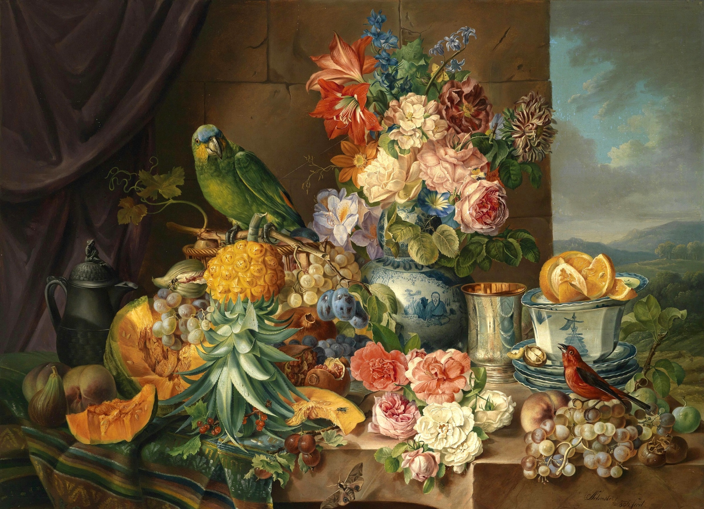 Laden Sie das Blume, Vogel, Frucht, Papagei, Künstlerisch, Stillleben-Bild kostenlos auf Ihren PC-Desktop herunter