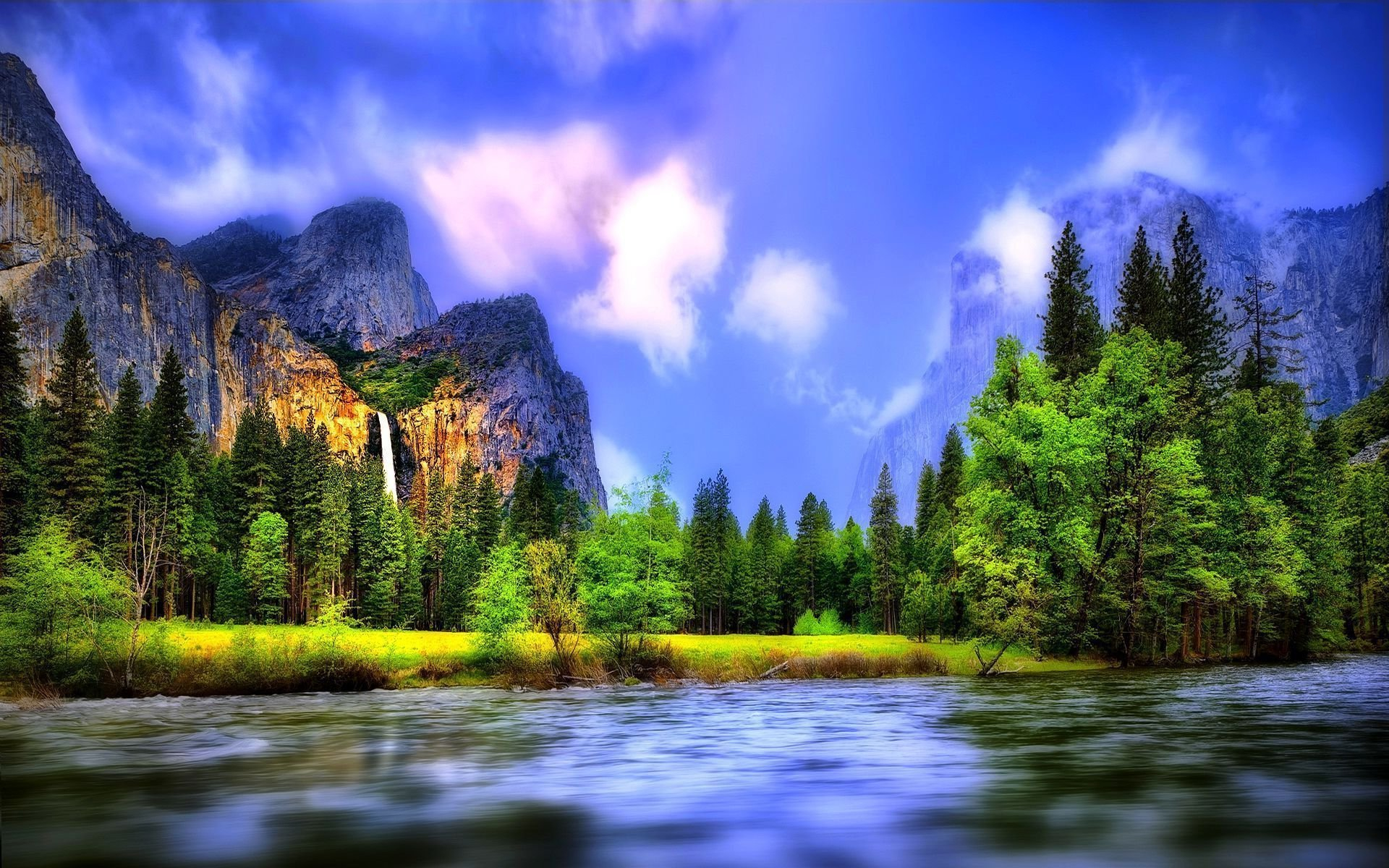 無料モバイル壁紙風景, 木, 滝, 湖, 山, 地球, Hdrをダウンロードします。