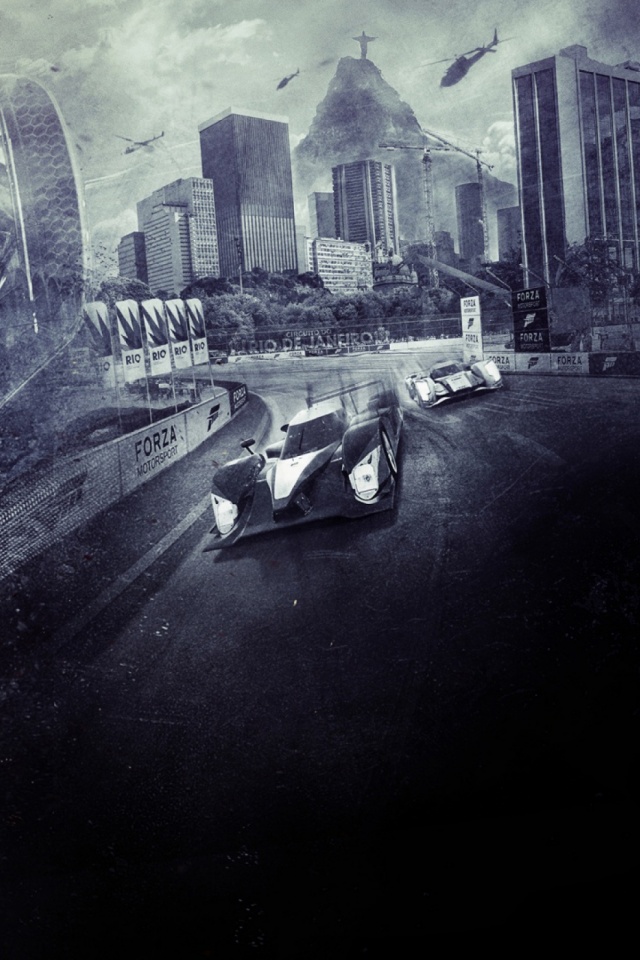 Download mobile wallpaper City, Building, Car, Brazil, Helicopter, Race, Forza Motorsport 6, Video Game, Black & White, Forza for free.