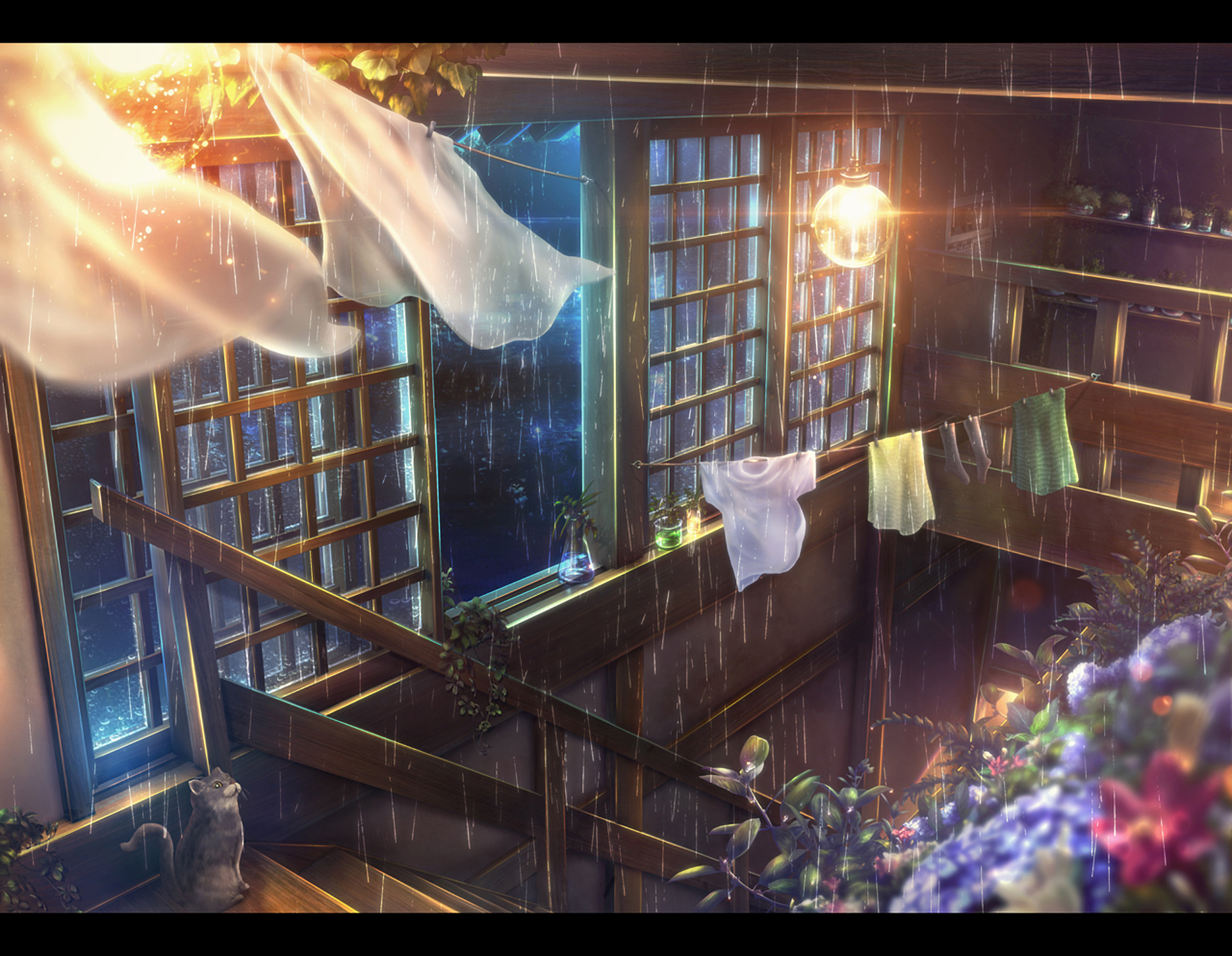 Free download wallpaper Anime, Rain, Night, Flower, Stairs, Room, Light Bulb, Original on your PC desktop
