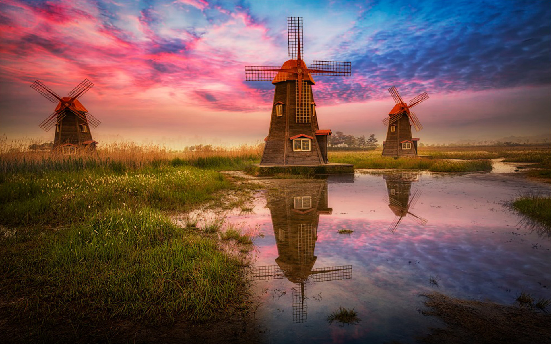 Download mobile wallpaper Reflection, Windmill, Man Made for free.