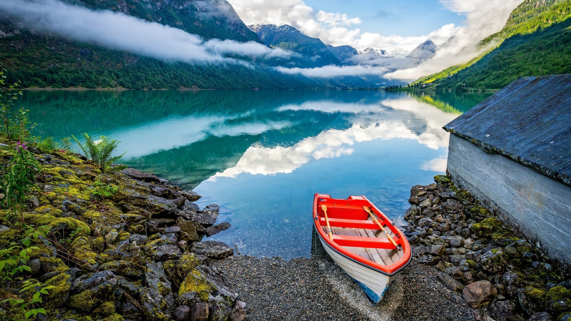 Baixar papel de parede para celular de Montanha, Lago, Barco, Veículos gratuito.