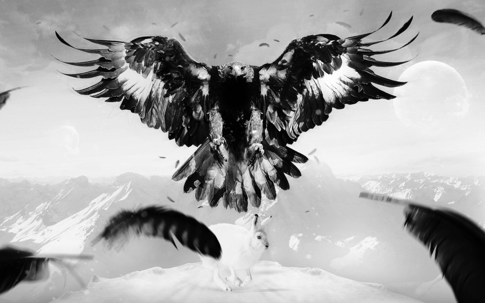 Free download wallpaper Mountains, Hare, Animals, Feather, Bird, Art, Eagle on your PC desktop