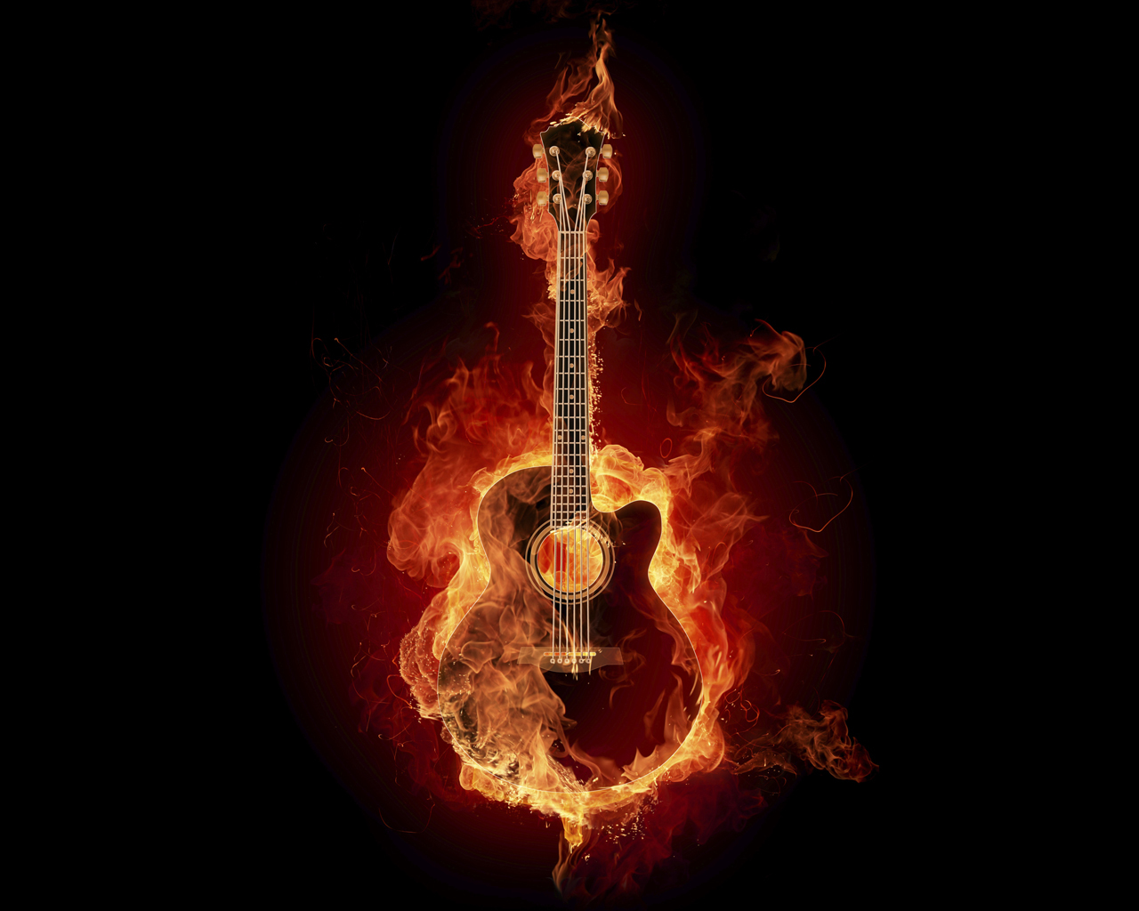 guitars, music, fire, black