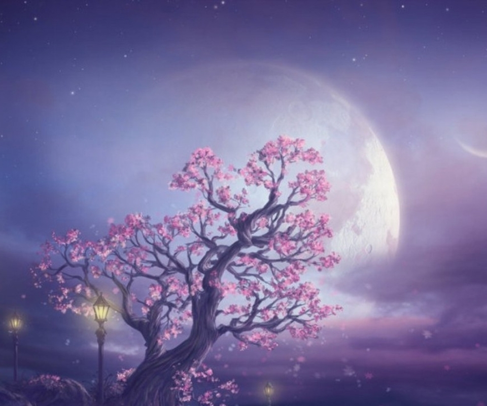 Laden Sie das Landschaft, Fantasie, Mond, Baum-Bild kostenlos auf Ihren PC-Desktop herunter