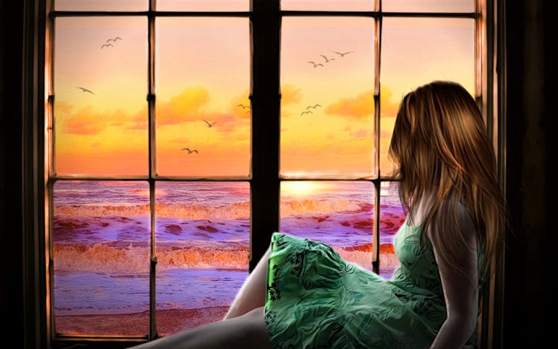 Free download wallpaper Sea, Ocean, Window, Painting, Artistic on your PC desktop