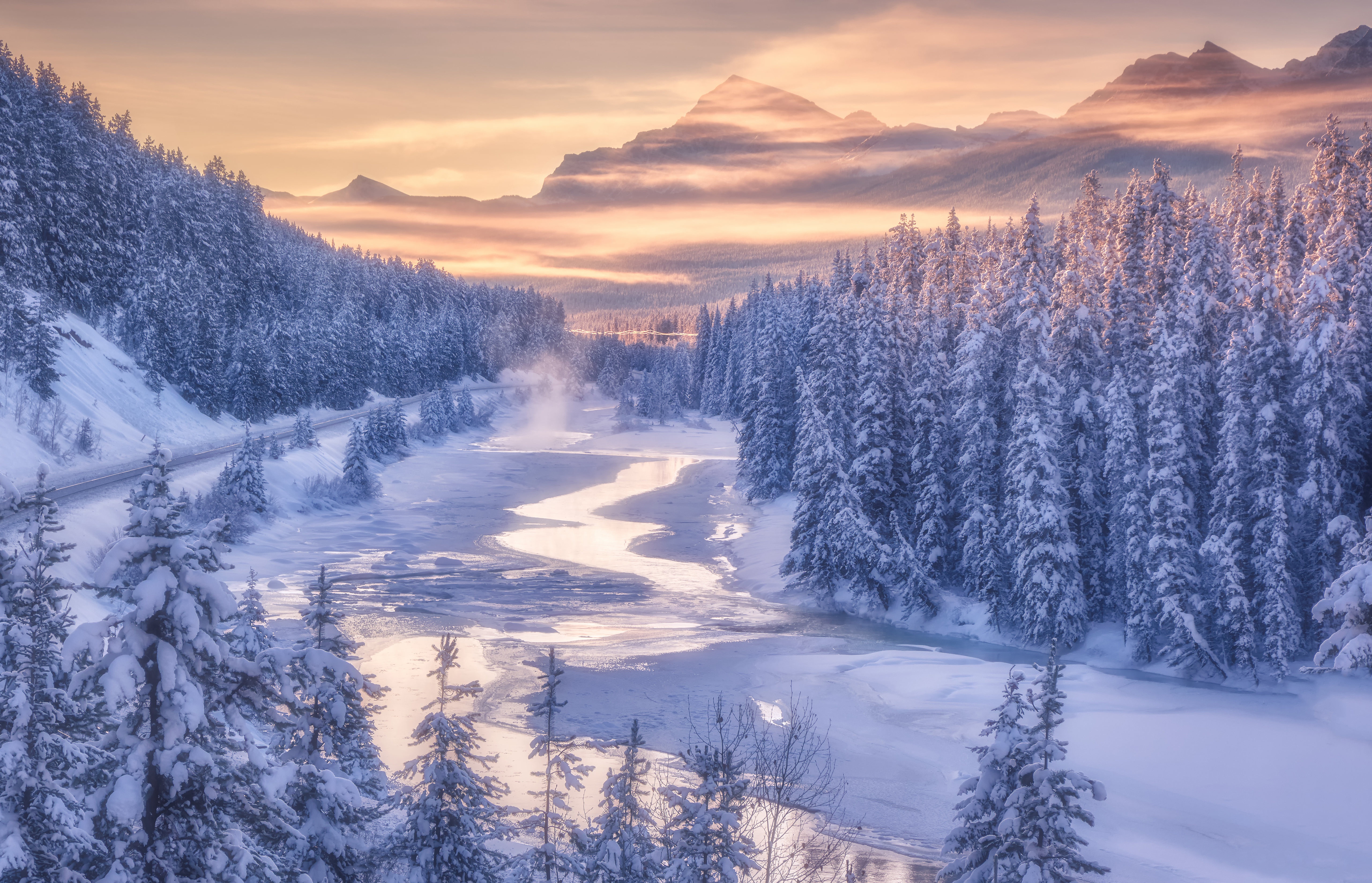 Laden Sie das Winter, Kanada, Wald, Fluss, Gebirge, Alberta, Banff Nationalpark, Erde/natur, Kanadische Rockies-Bild kostenlos auf Ihren PC-Desktop herunter
