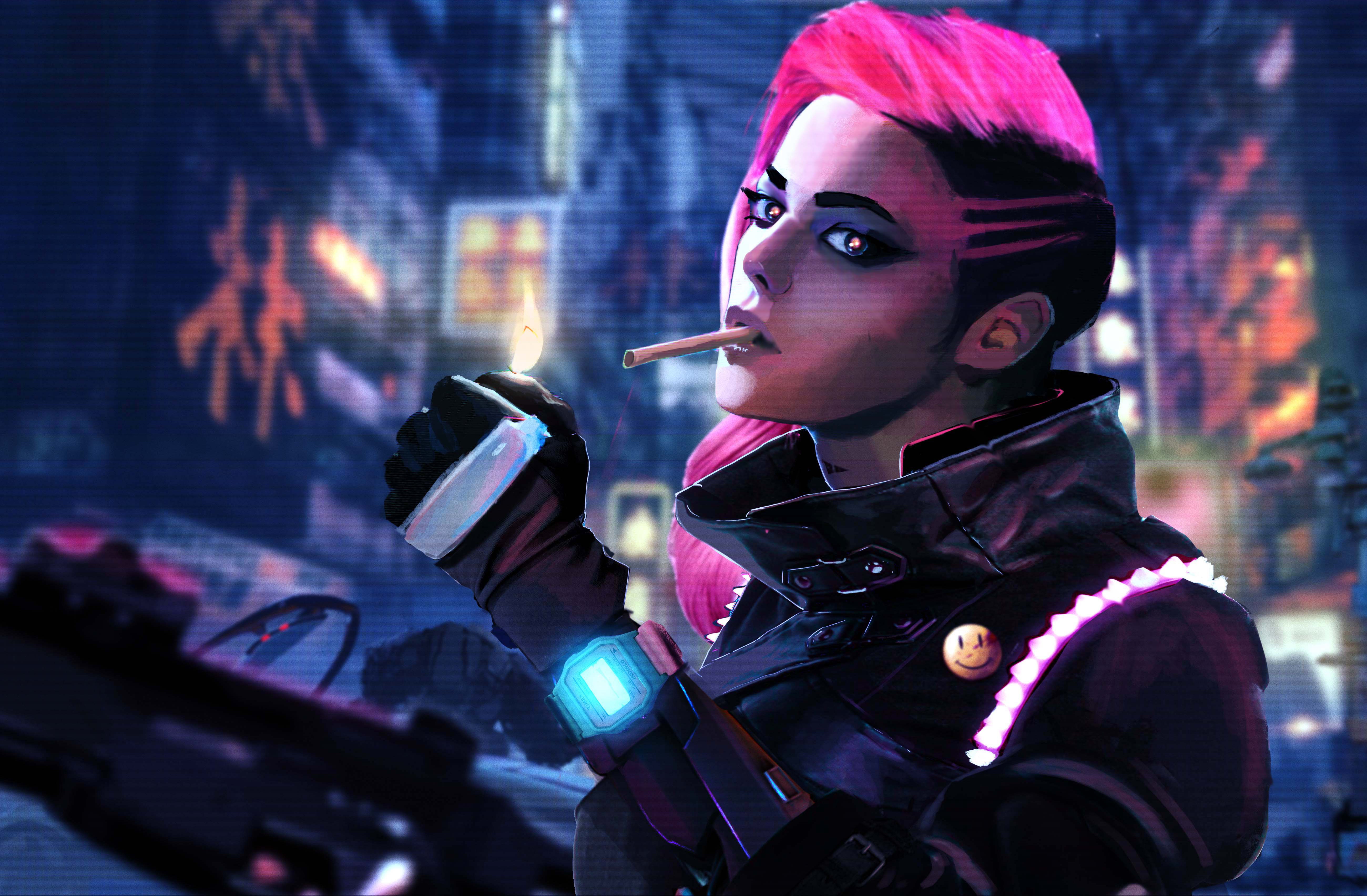 Download mobile wallpaper Cyberpunk, Sci Fi, Pink Hair, Woman Warrior for free.