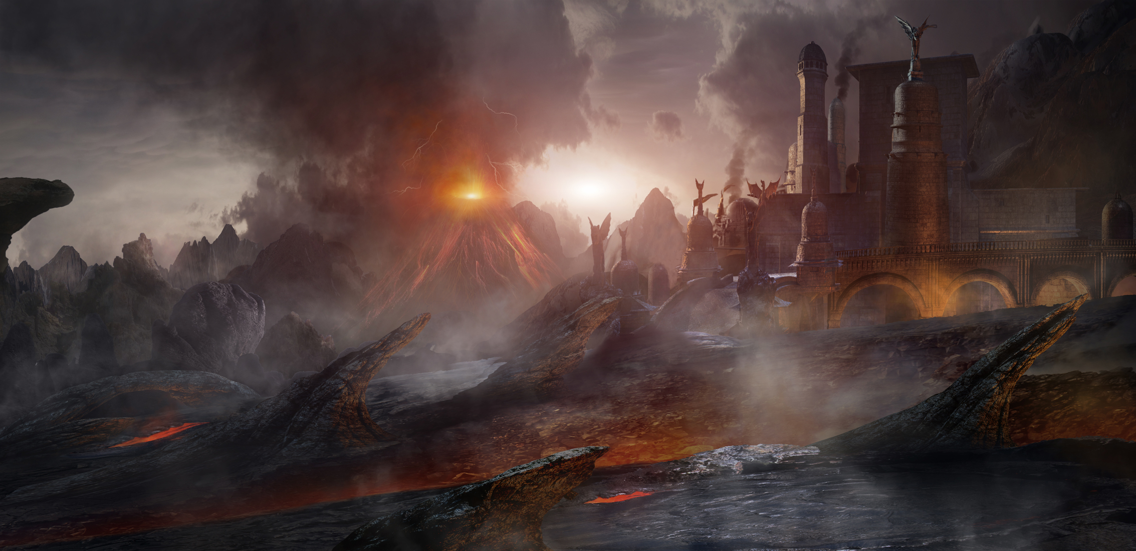 Free download wallpaper Landscape, Building, Dark, Volcano on your PC desktop