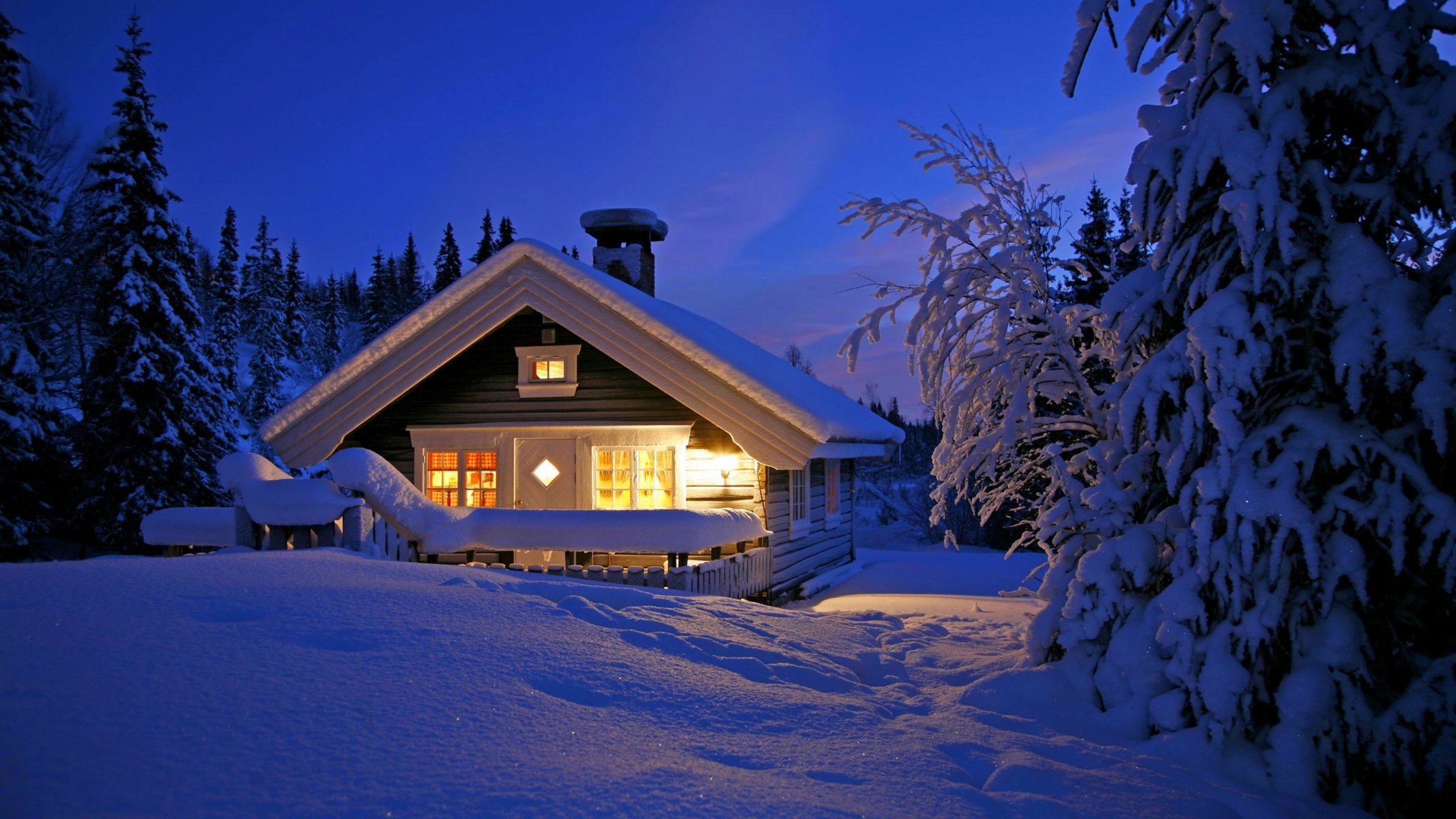 Free download wallpaper Winter, Night, Snow, Light, Tree, Cabin, Man Made on your PC desktop