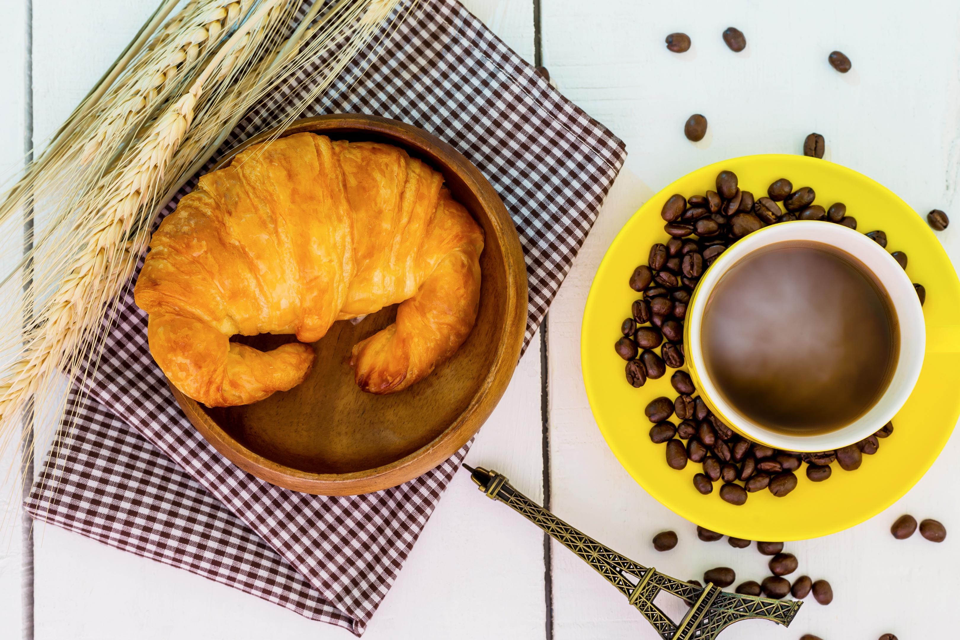 Free download wallpaper Food, Coffee, Still Life, Cup, Coffee Beans, Croissant on your PC desktop