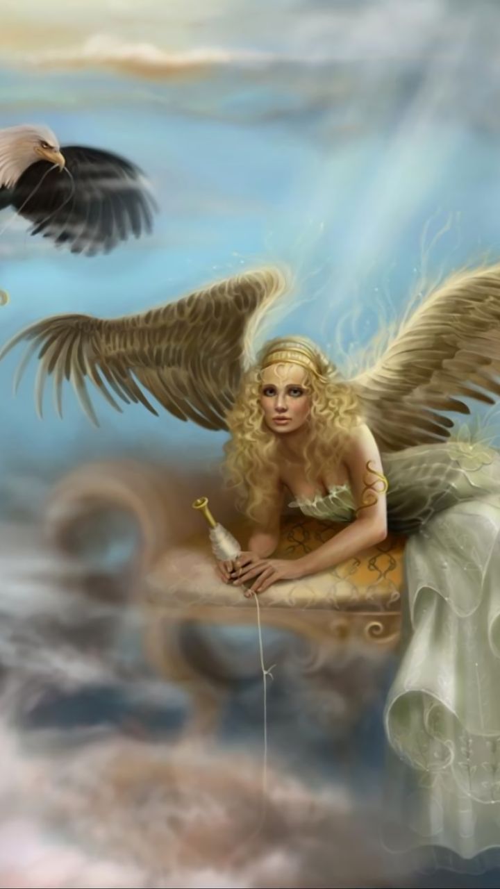Download mobile wallpaper Fantasy, Eagle, Angel, Cloud, Blonde for free.