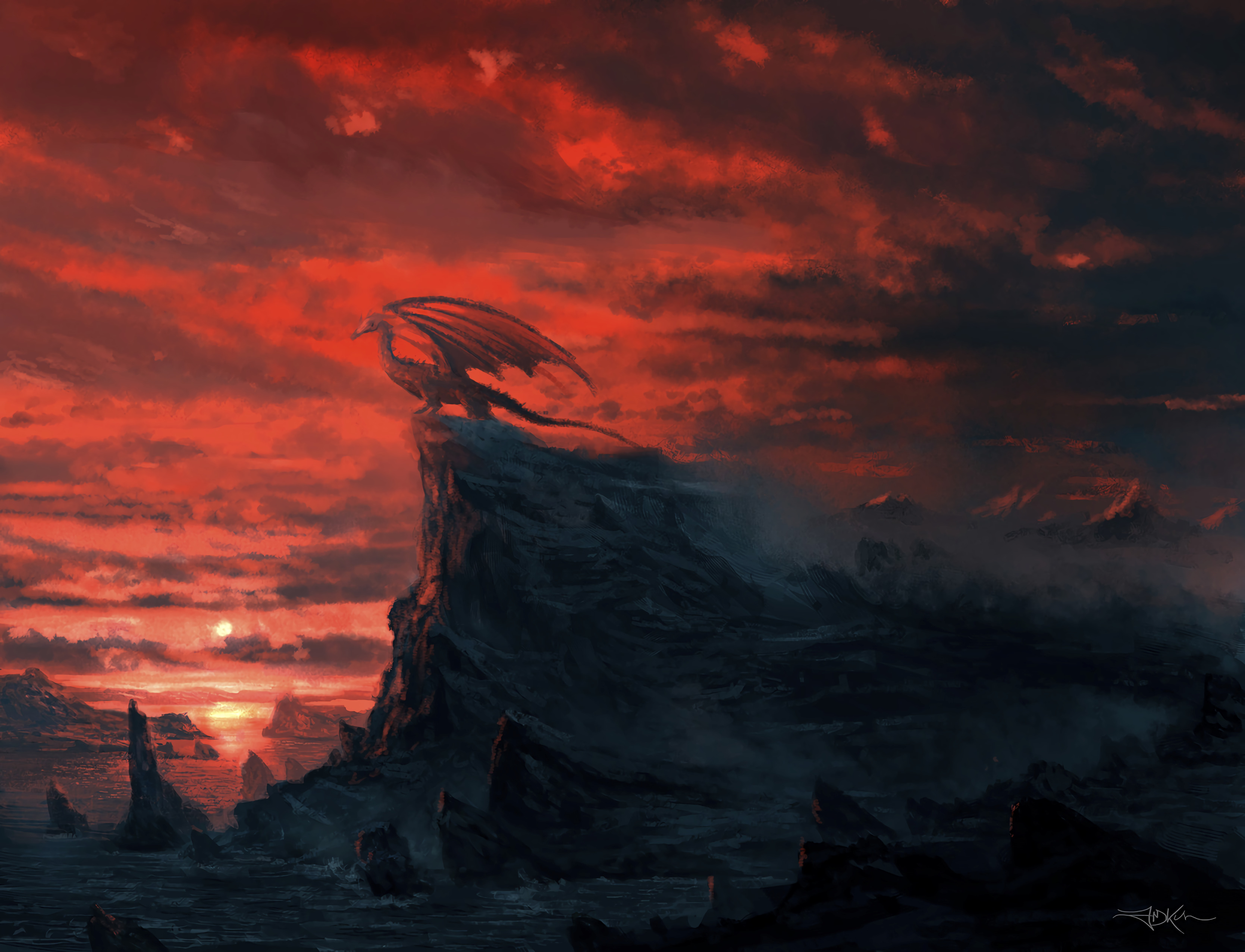 dragon, art, sunset, rock, cliff 4K for PC